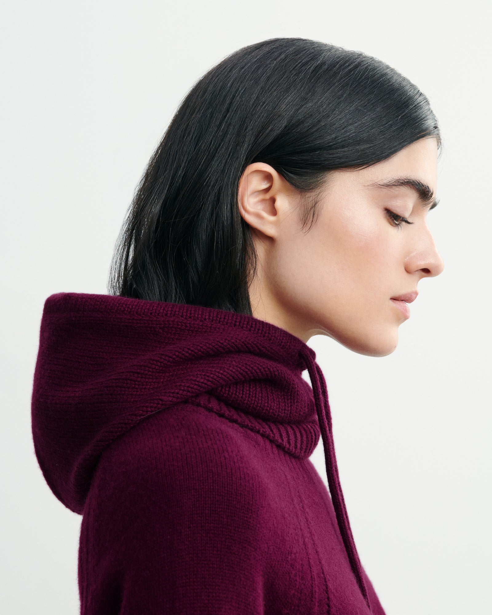 Cagoule à cordons-PRUNE DAMAS-100% cachemire