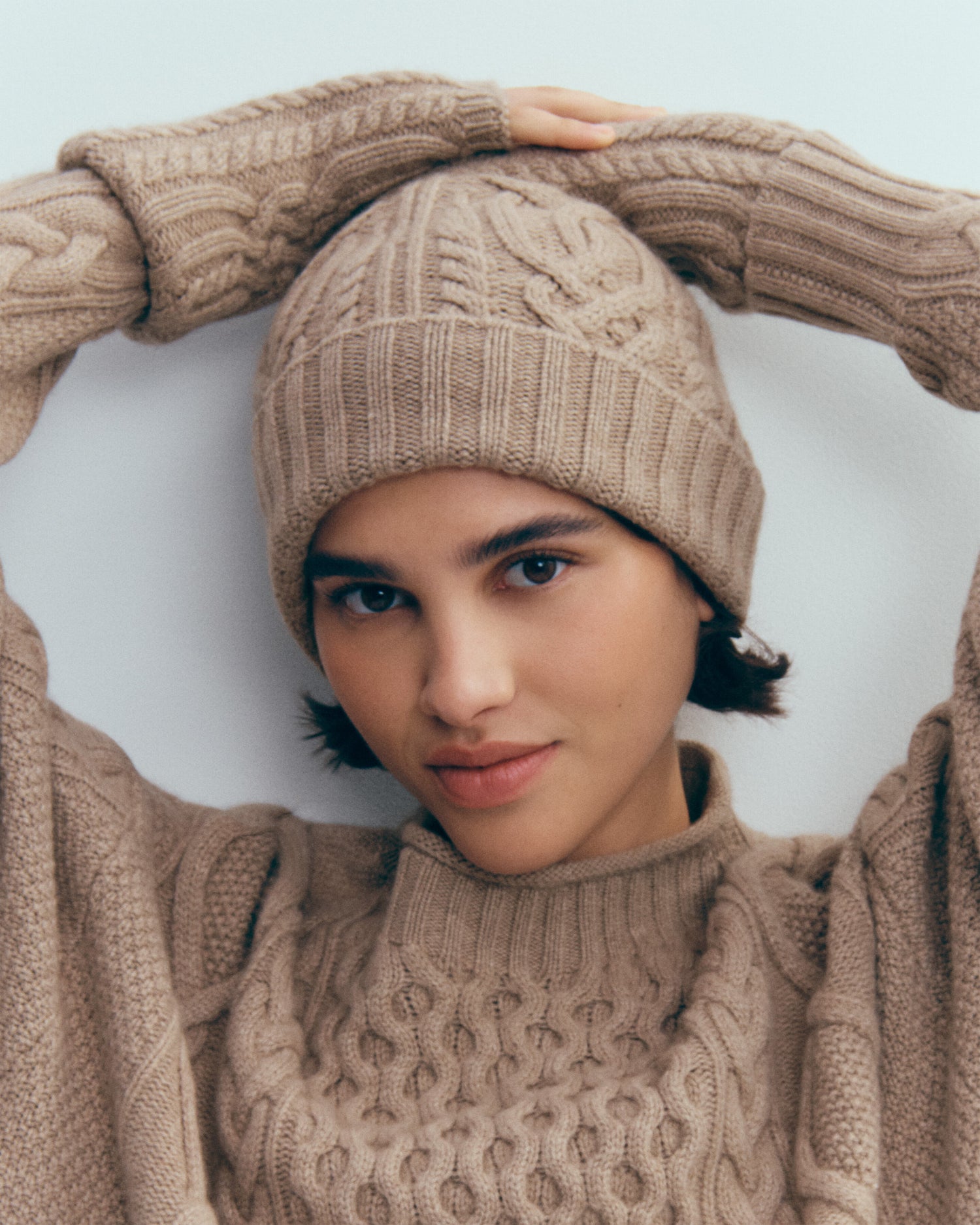 Bonnet à torsades-GREIGE-100% cachemire