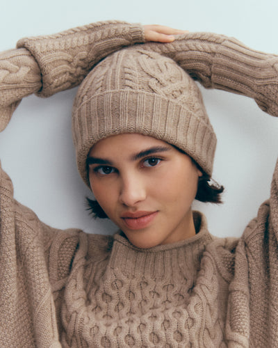 Bonnet à torsades-GREIGE-100% cachemire