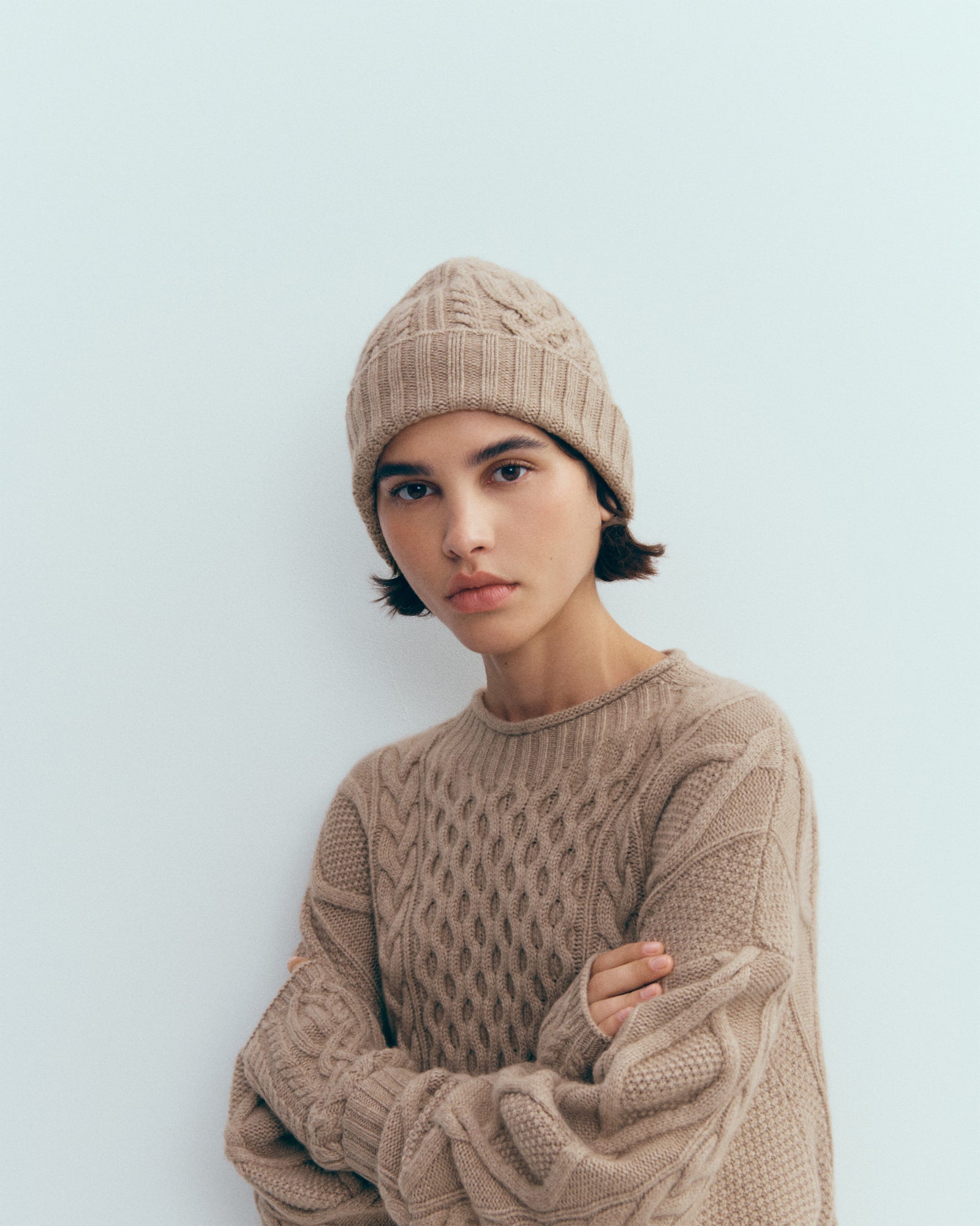 Bonnet à torsades-GREIGE-100% cachemire