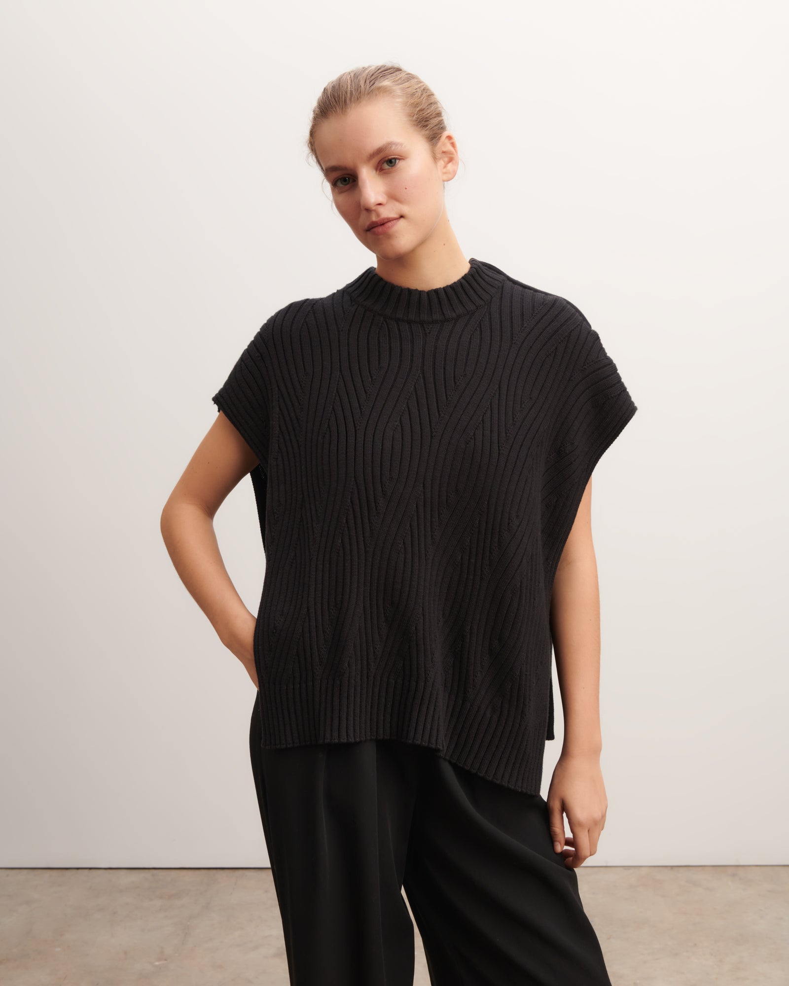 Poncho à torsades-NOIR-85% pima coton 15% cachemire