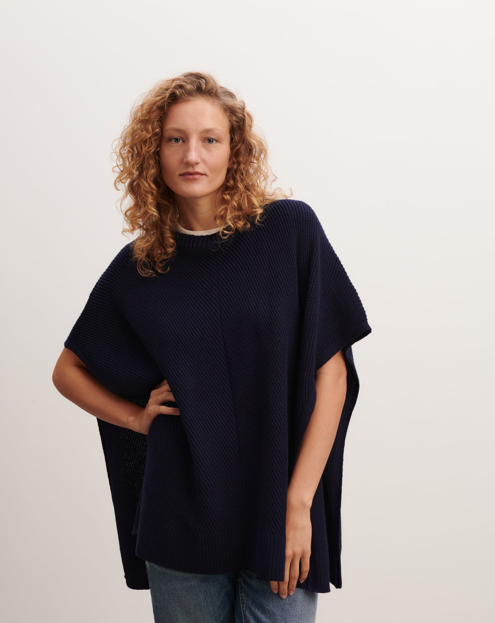 Poncho à côtes-MARINE-85% pima coton 15% cachemire
