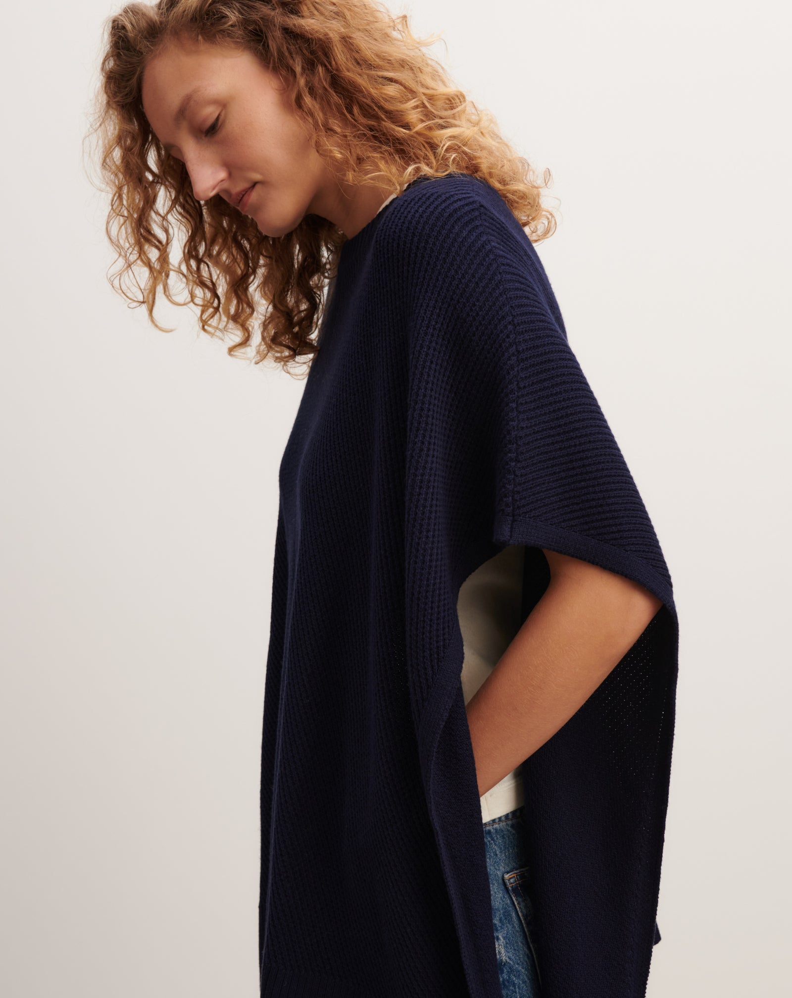 Poncho à côtes-MARINE-85% pima coton 15% cachemire