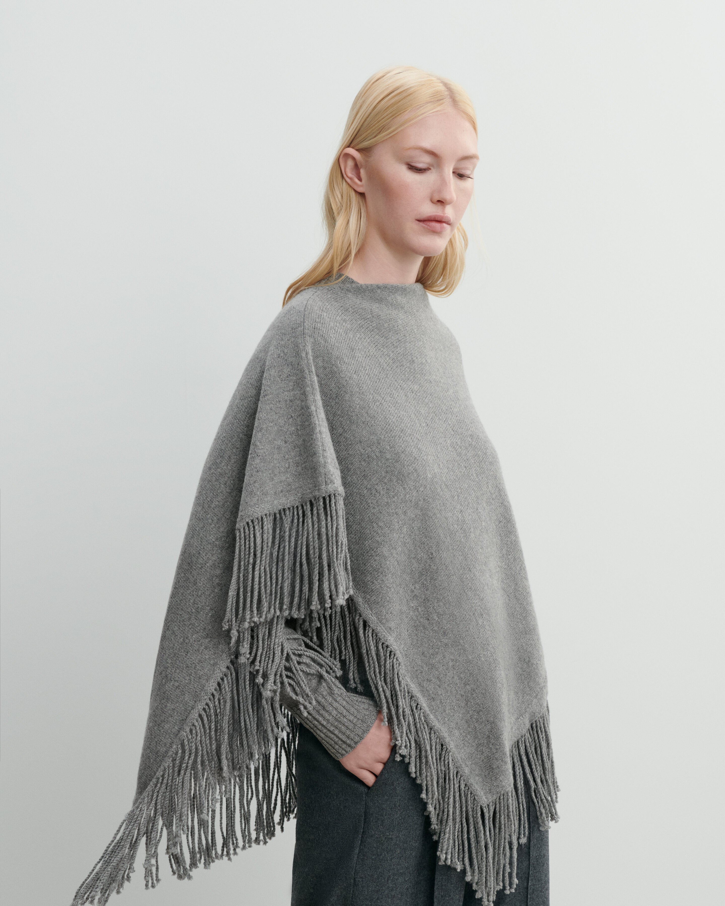 Poncho à franges-GRIS METEORITE-50% cachemire 50% laine
