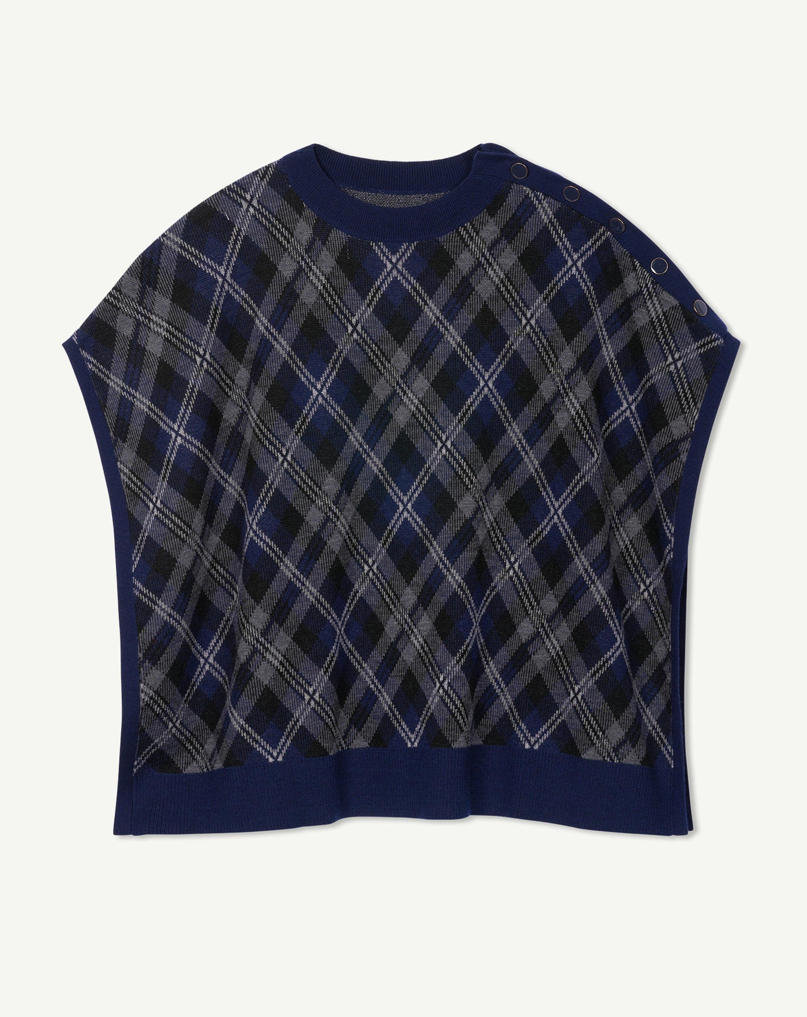 Poncho tartan-MARINE/GRIS METEORITE-100% laine + 70% laine 30% cachemire