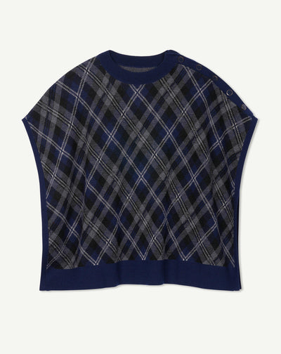 Poncho tartan-MARINE/GRIS METEORITE-100% laine + 70% laine 30% cachemire