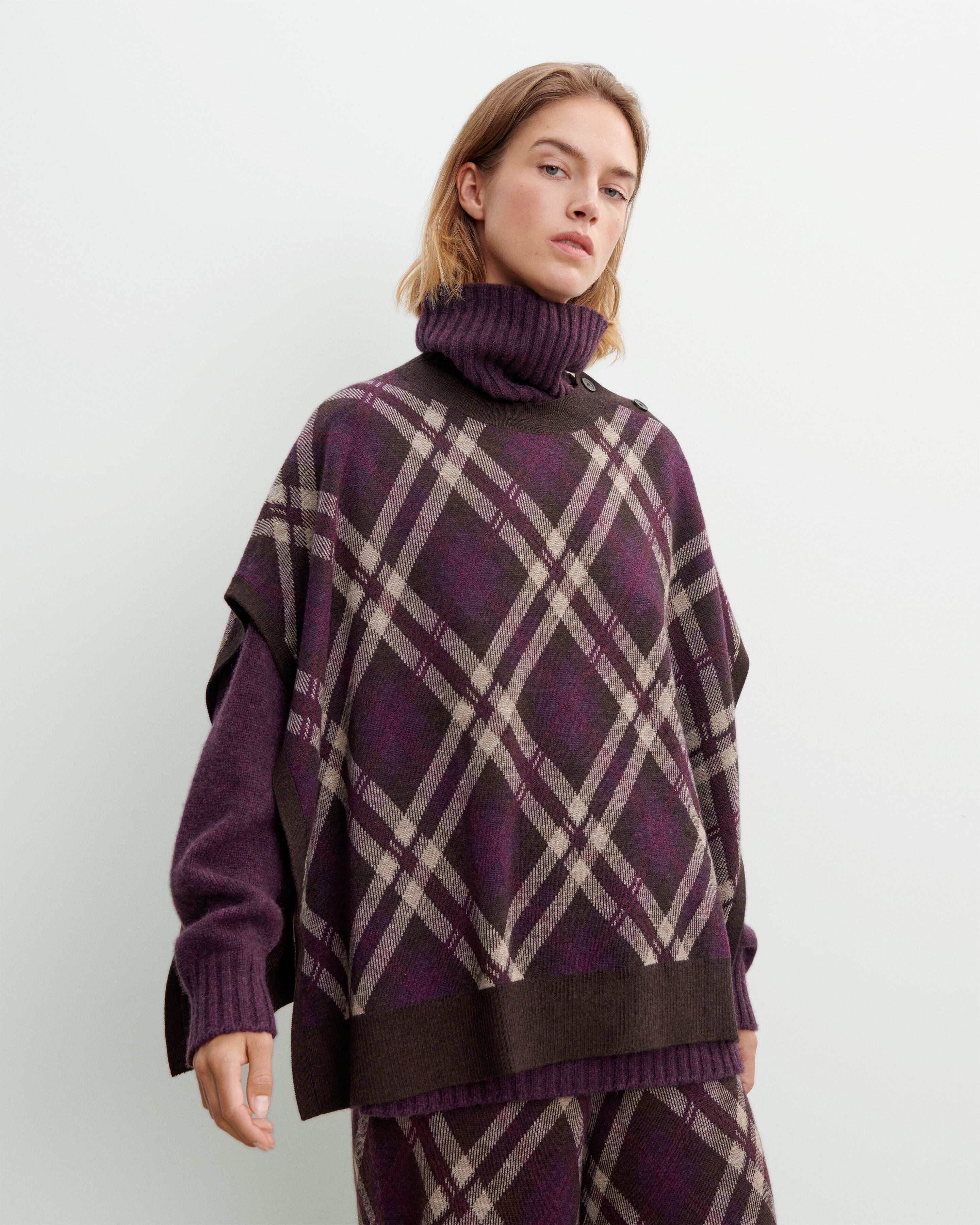 Poncho tartan-MURE/CHOCOLAT-100% laine + 70% laine 30% cachemire