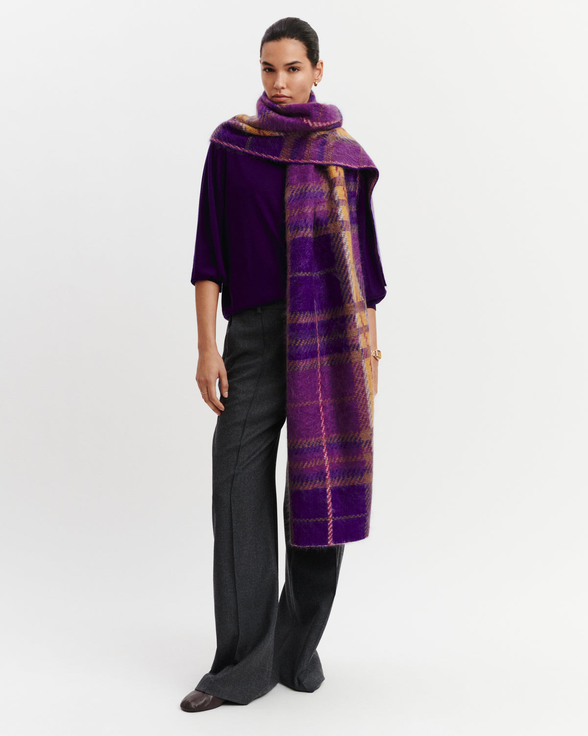 Echarpe tartan brossé-ULTRAVIOLET/CYCLAMEN-100% cachemire