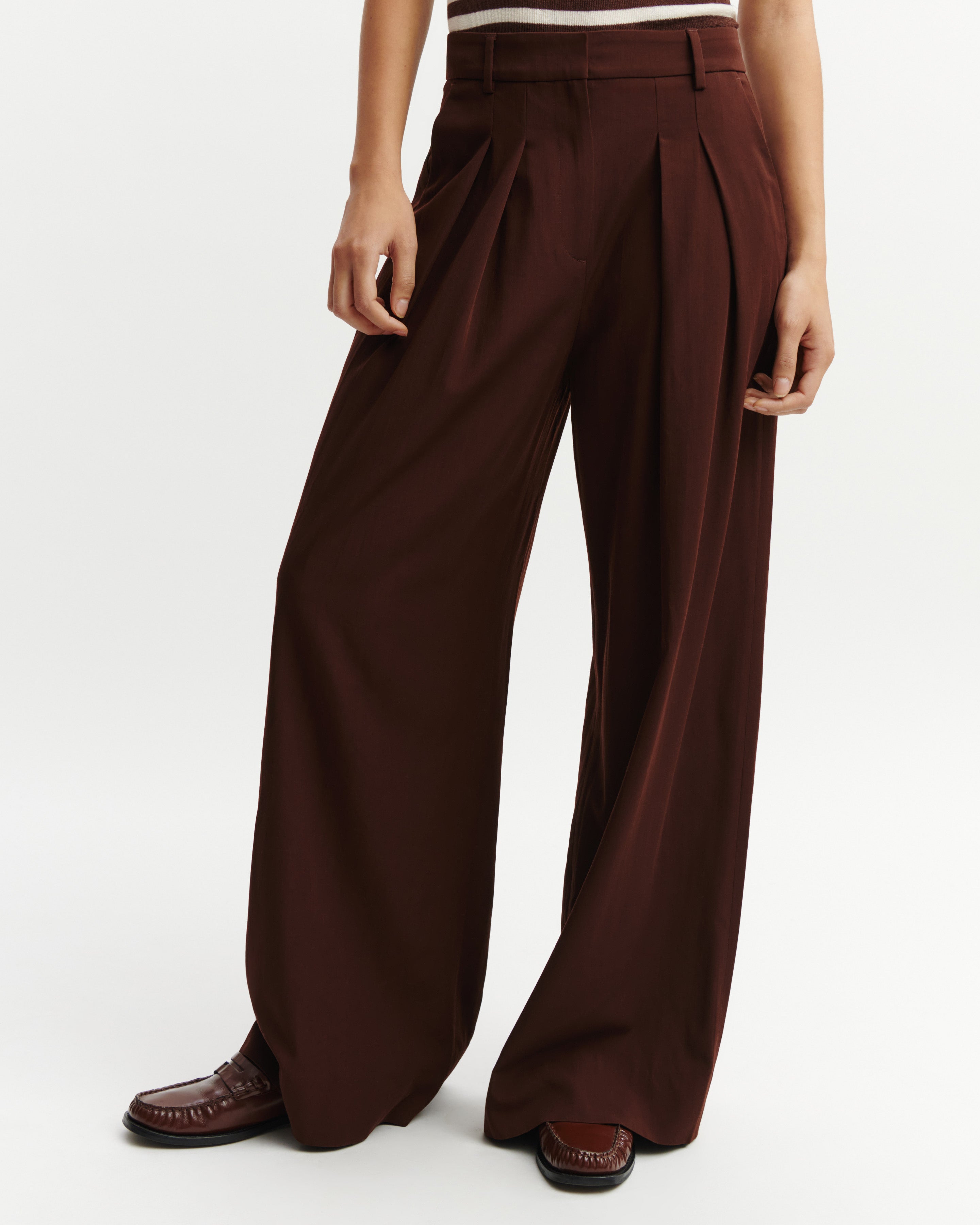 Pantalon ample à plis-CAFE-100% laine