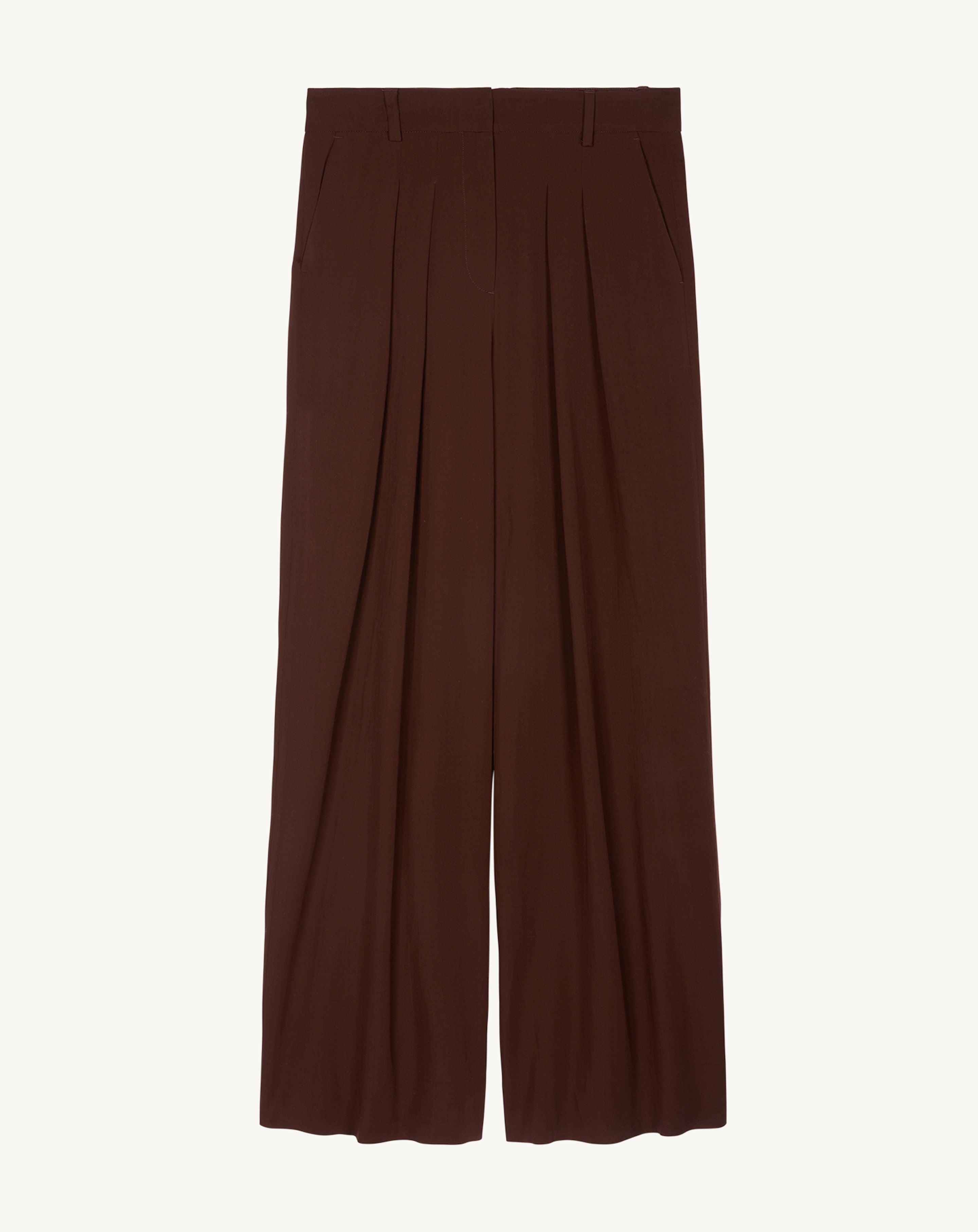 Pantalon ample à plis-CAFE-100% laine