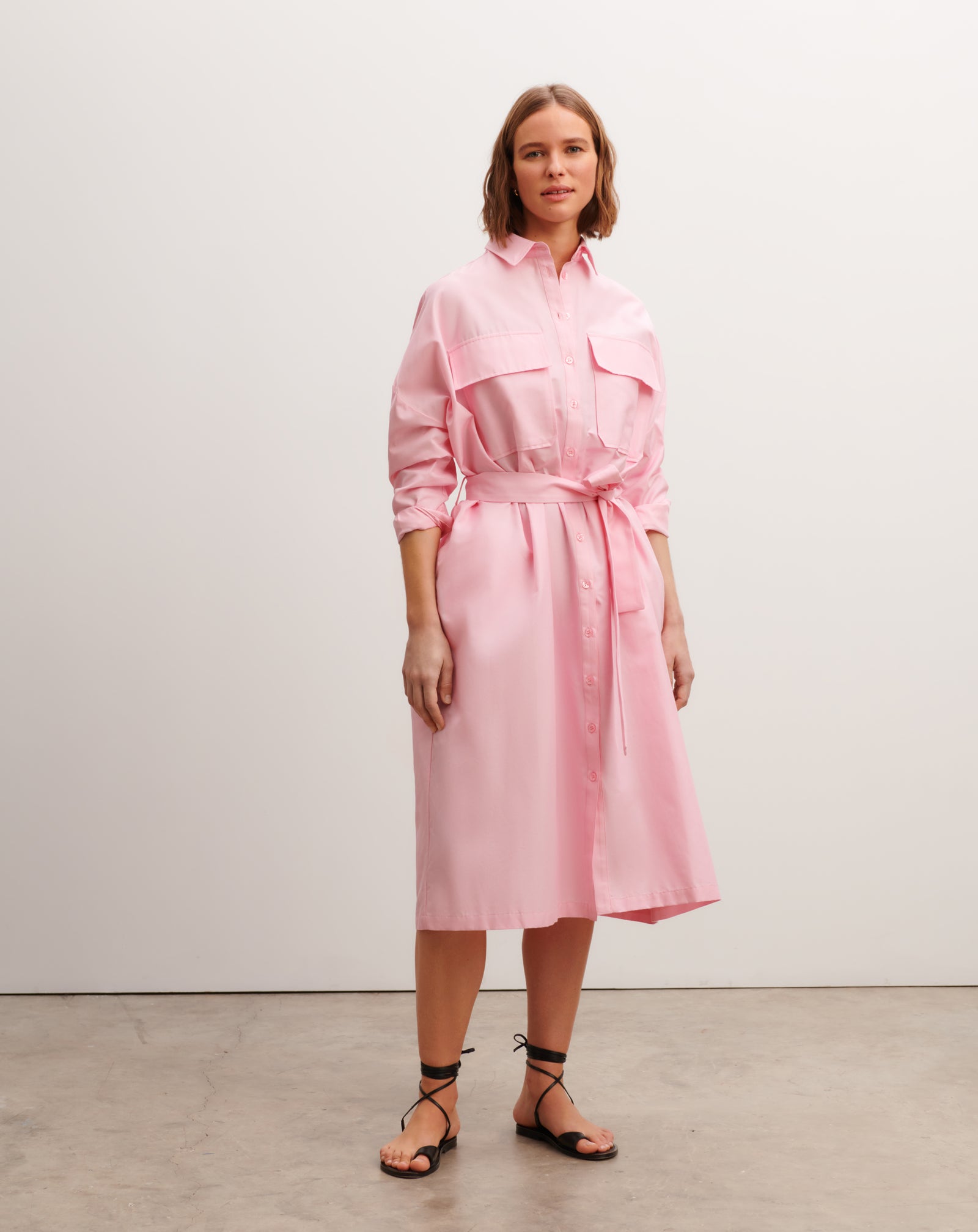 Robe chemise ceinturée-ROSE INDIEN-70% coton 30% soie