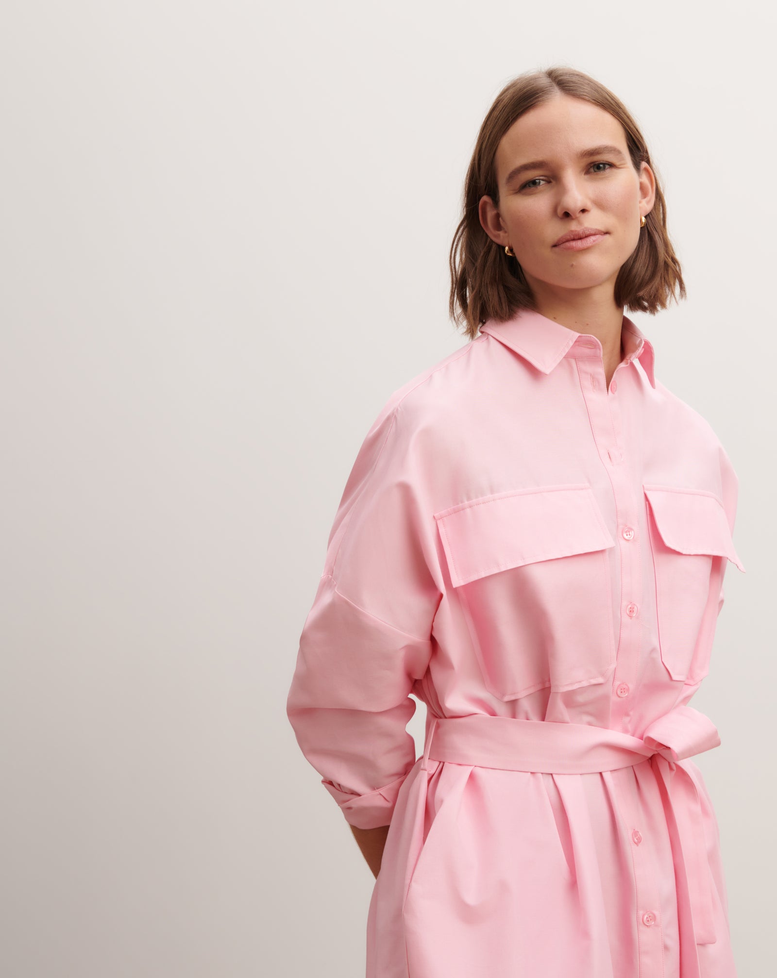 Robe chemise ceinturée-ROSE INDIEN-70% coton 30% soie