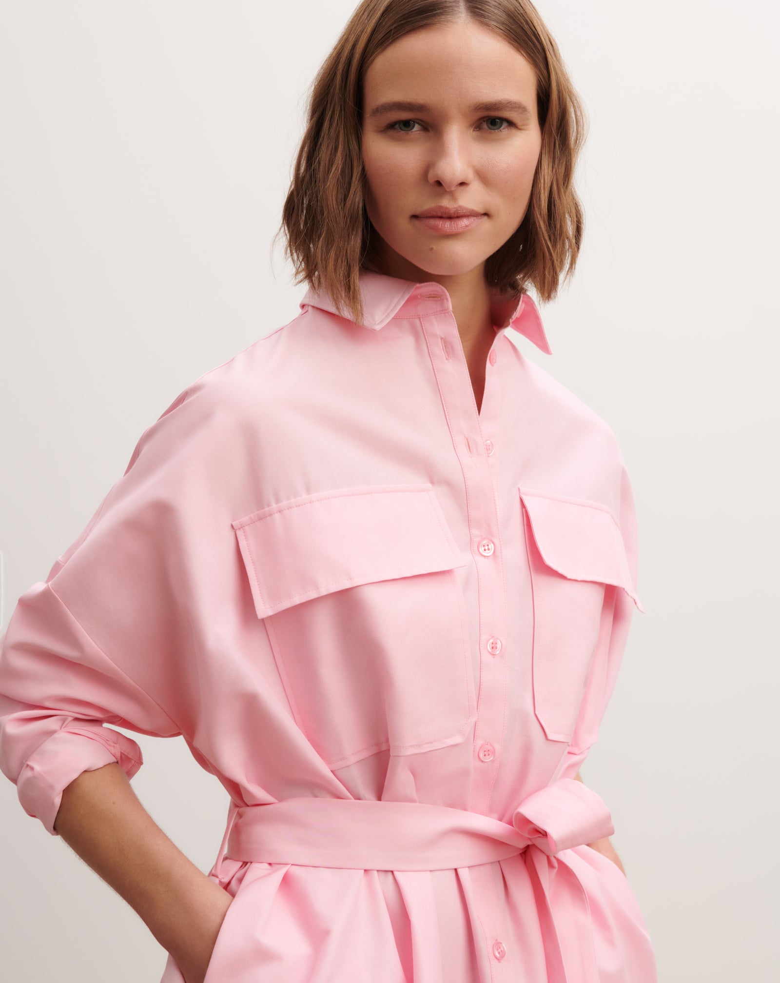 Robe chemise ceinturée-ROSE INDIEN-70% coton 30% soie