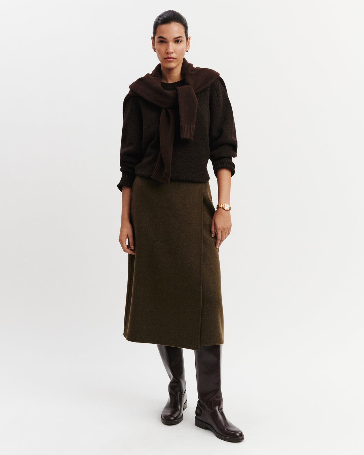 Jupe portefeuille-KAKI KOMBU-90% laine 10% cachemire