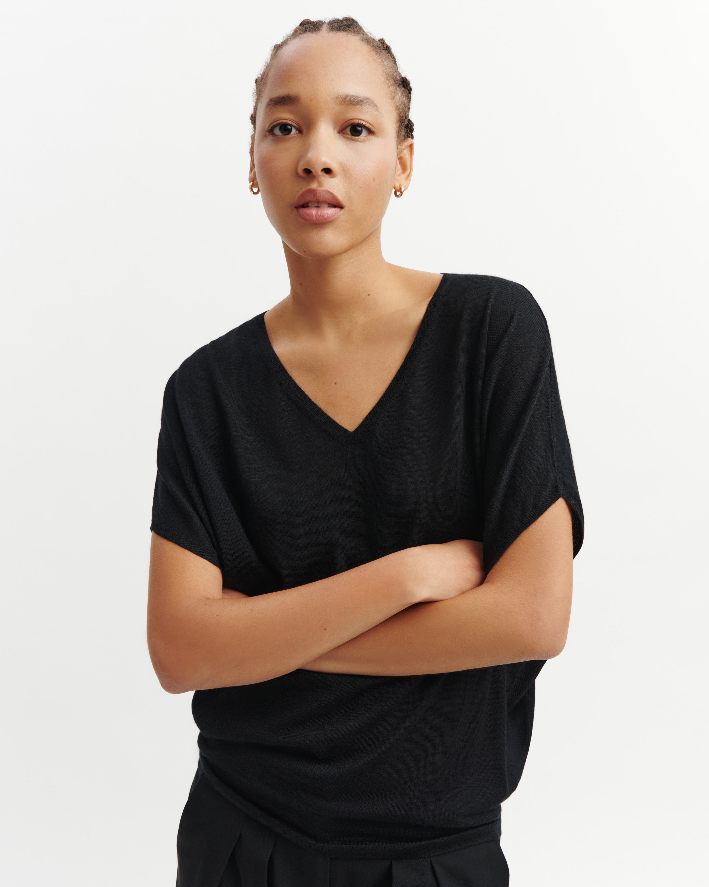 Pull V chauve-souris-NOIR-70% cachemire 30% soie