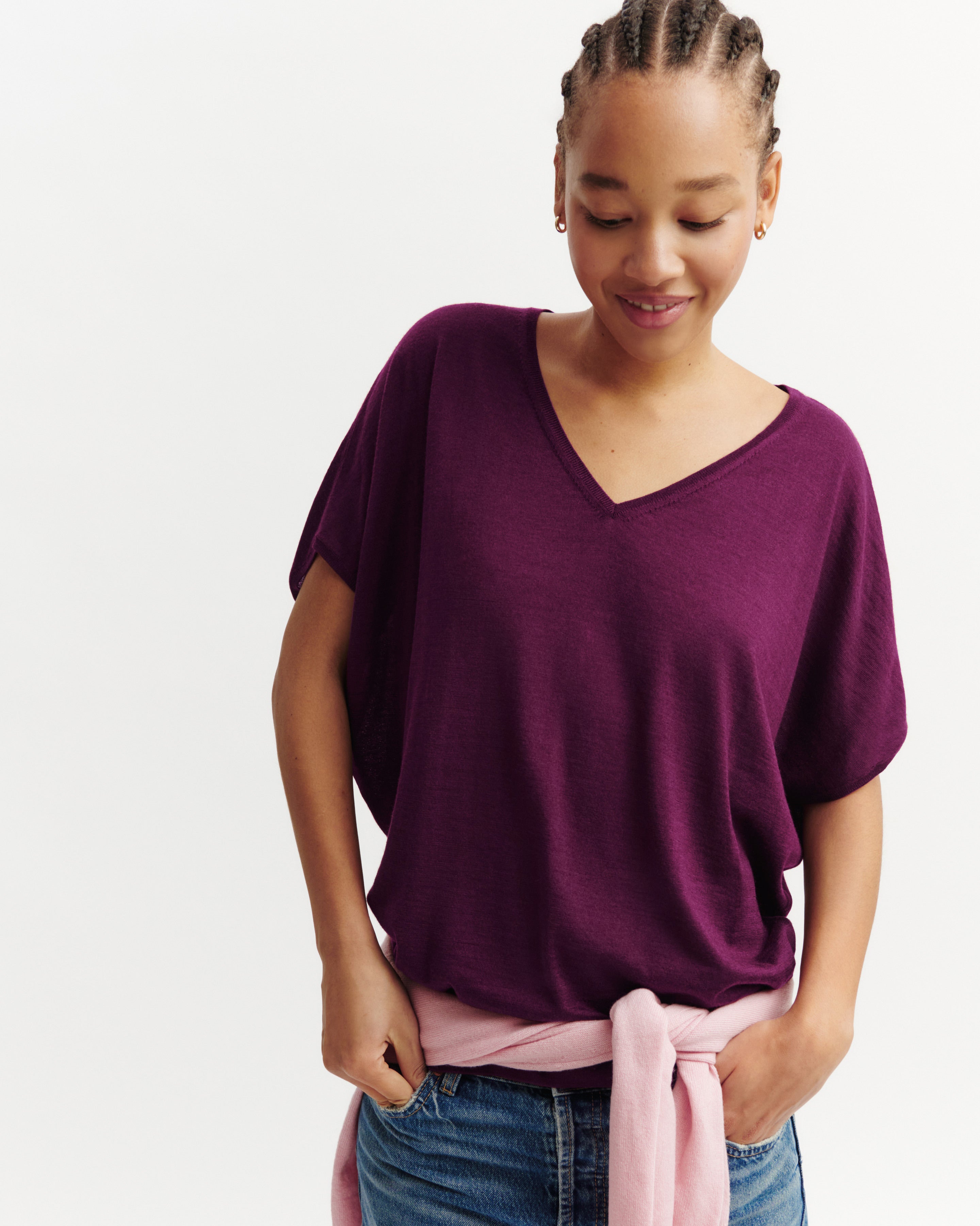 Pull V chauve-souris-OXALIS-70% cachemire 30% soie