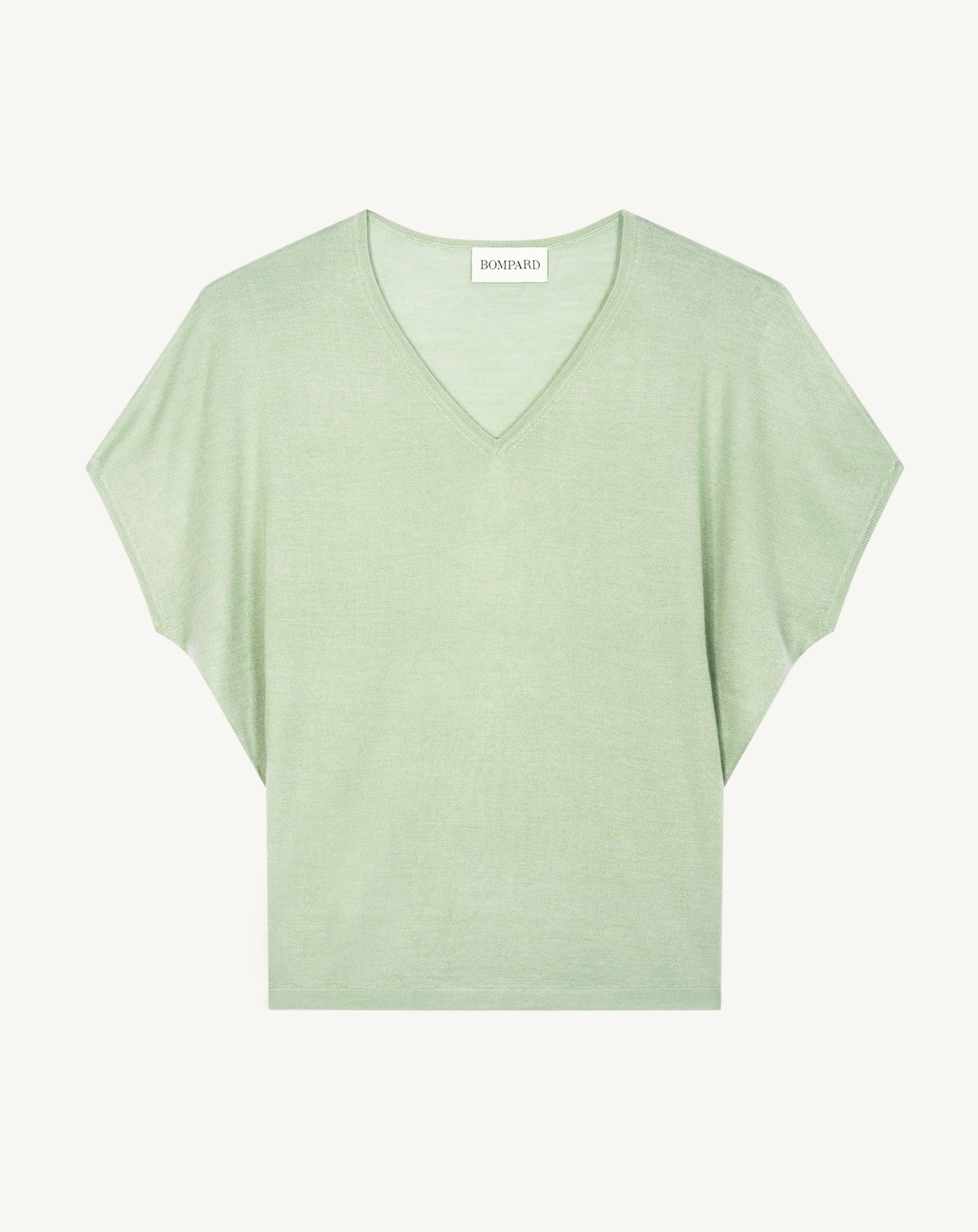 Pull V chauve-souris-VERT AMANDE-70% cachemire 30% soie