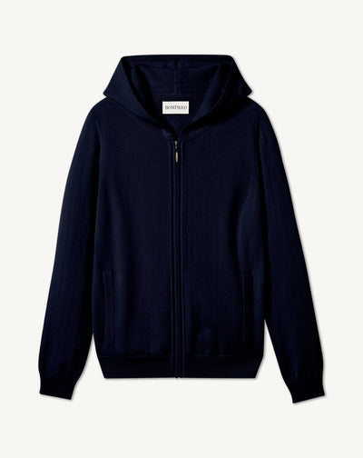 Hoodie zippé-MARINE-100% CACHEMIRE