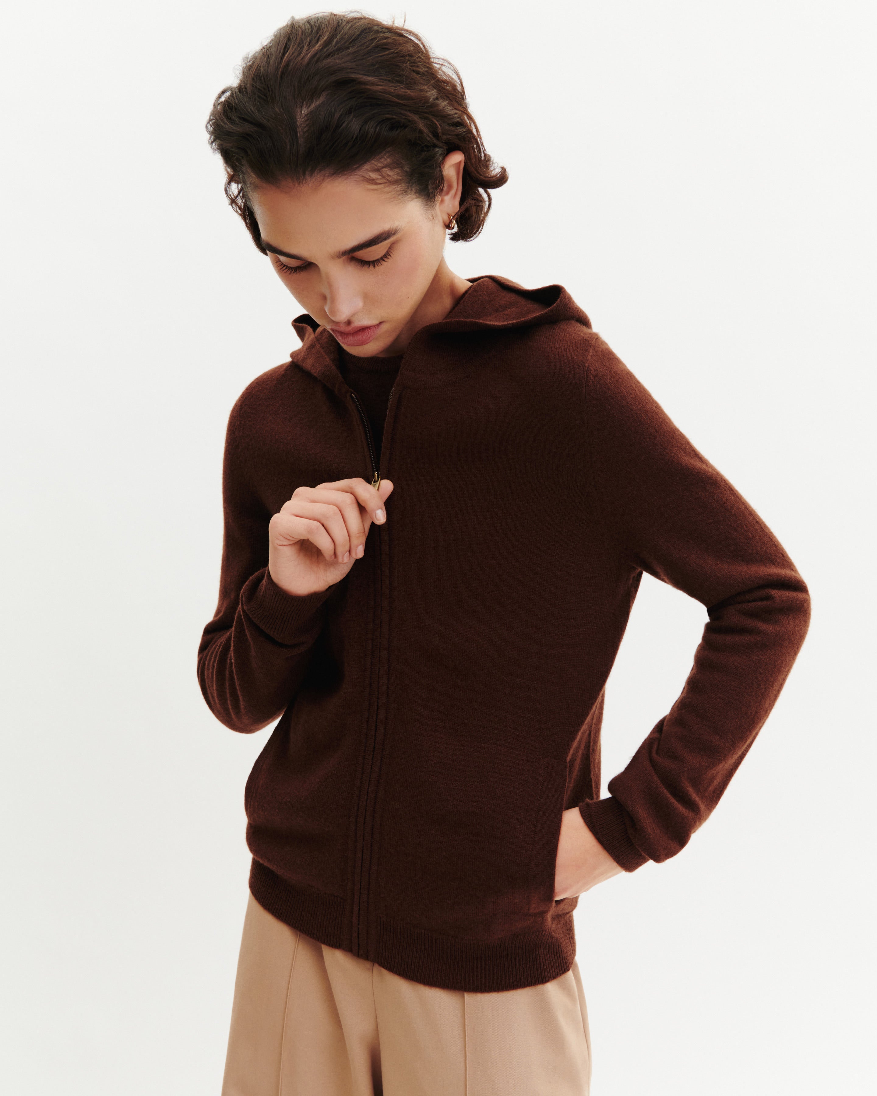 Pull à capuche zippé-CAFE-100% cachemire