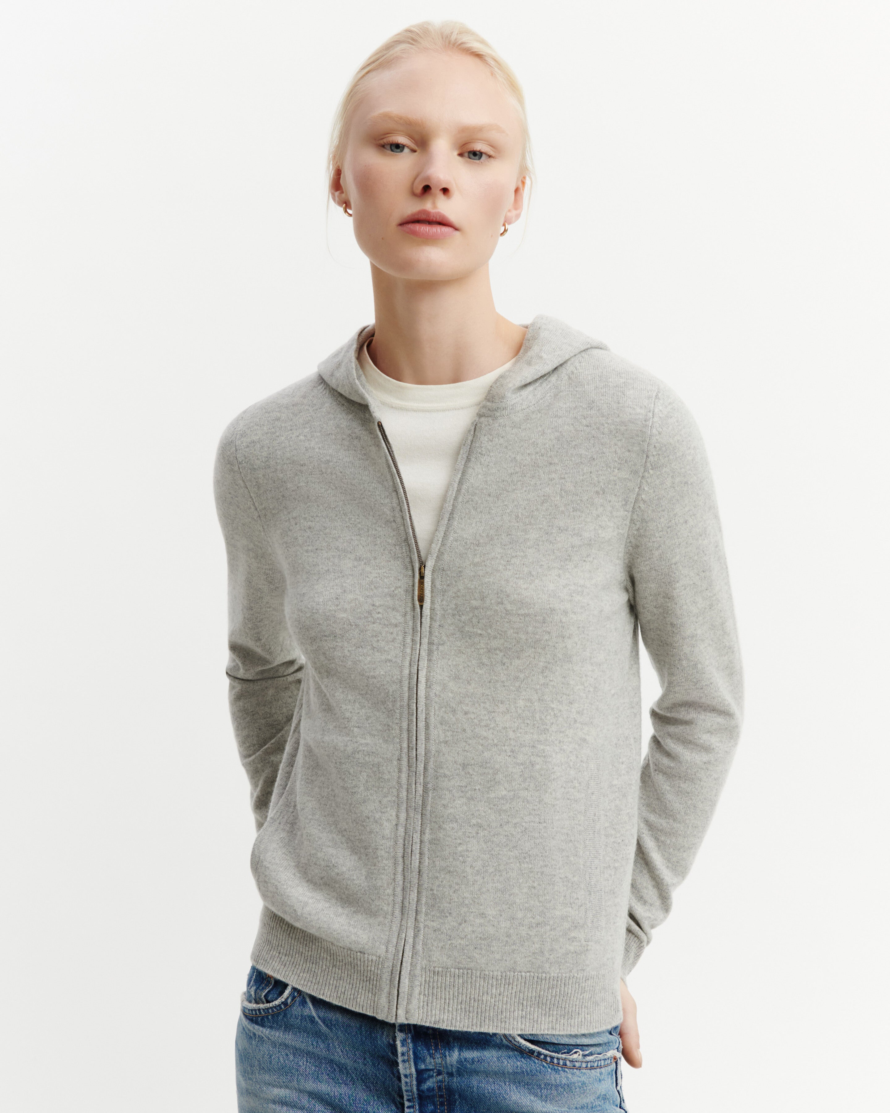 Pull à capuche zippé-GRIS ARGENTE-100% cachemire