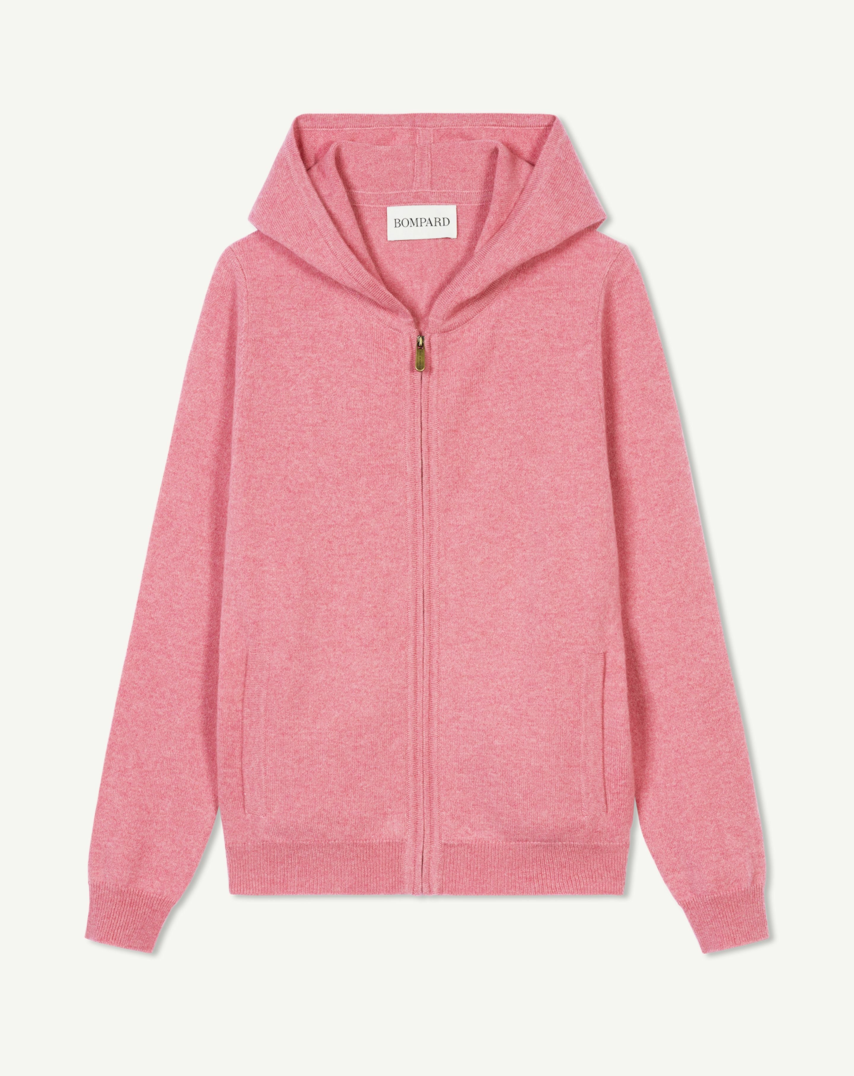 Pull à capuche zippé-ROSE CAMEO-100% cachemire
