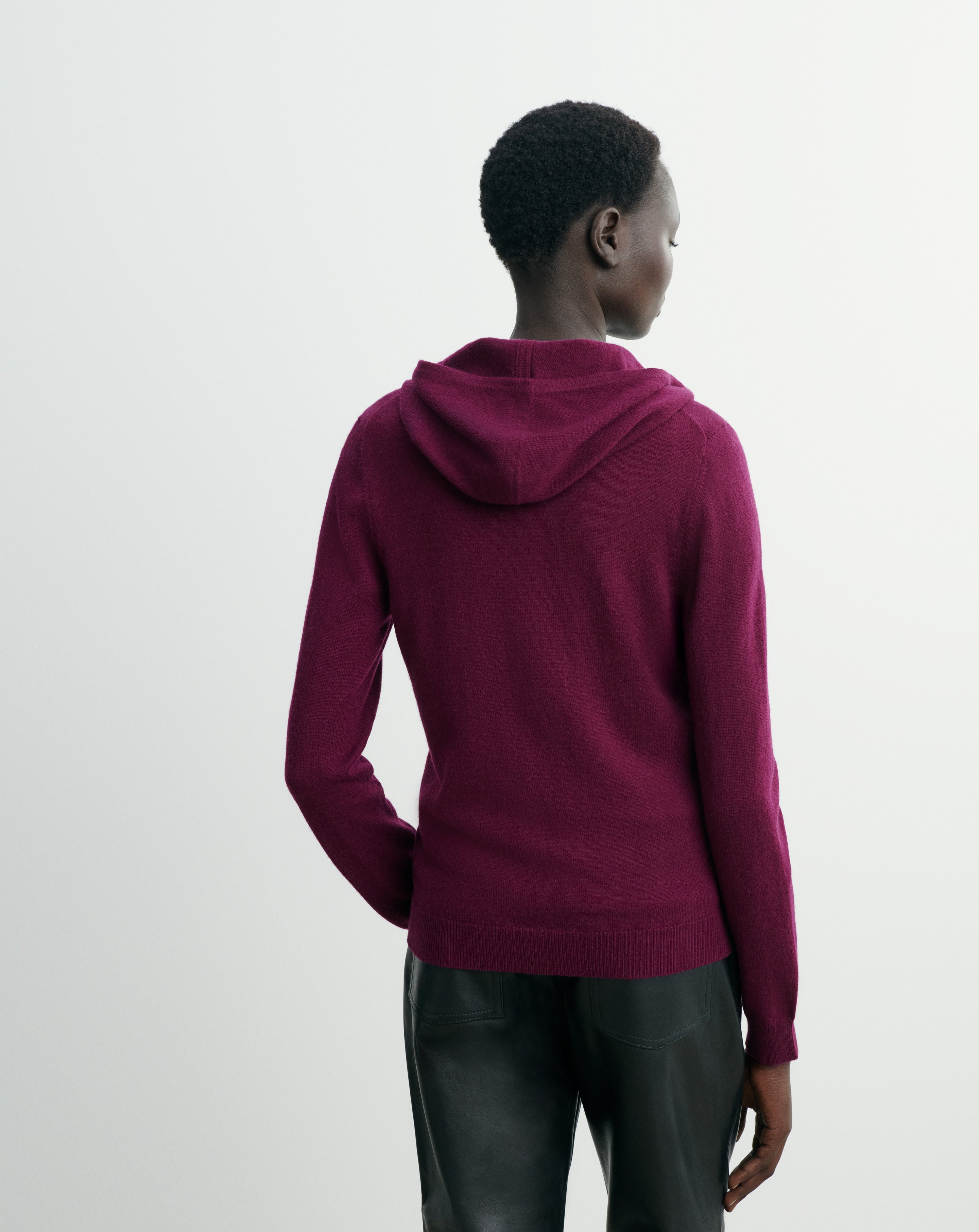 Pull à capuche zippé-PRUNE DAMAS-100% cachemire
