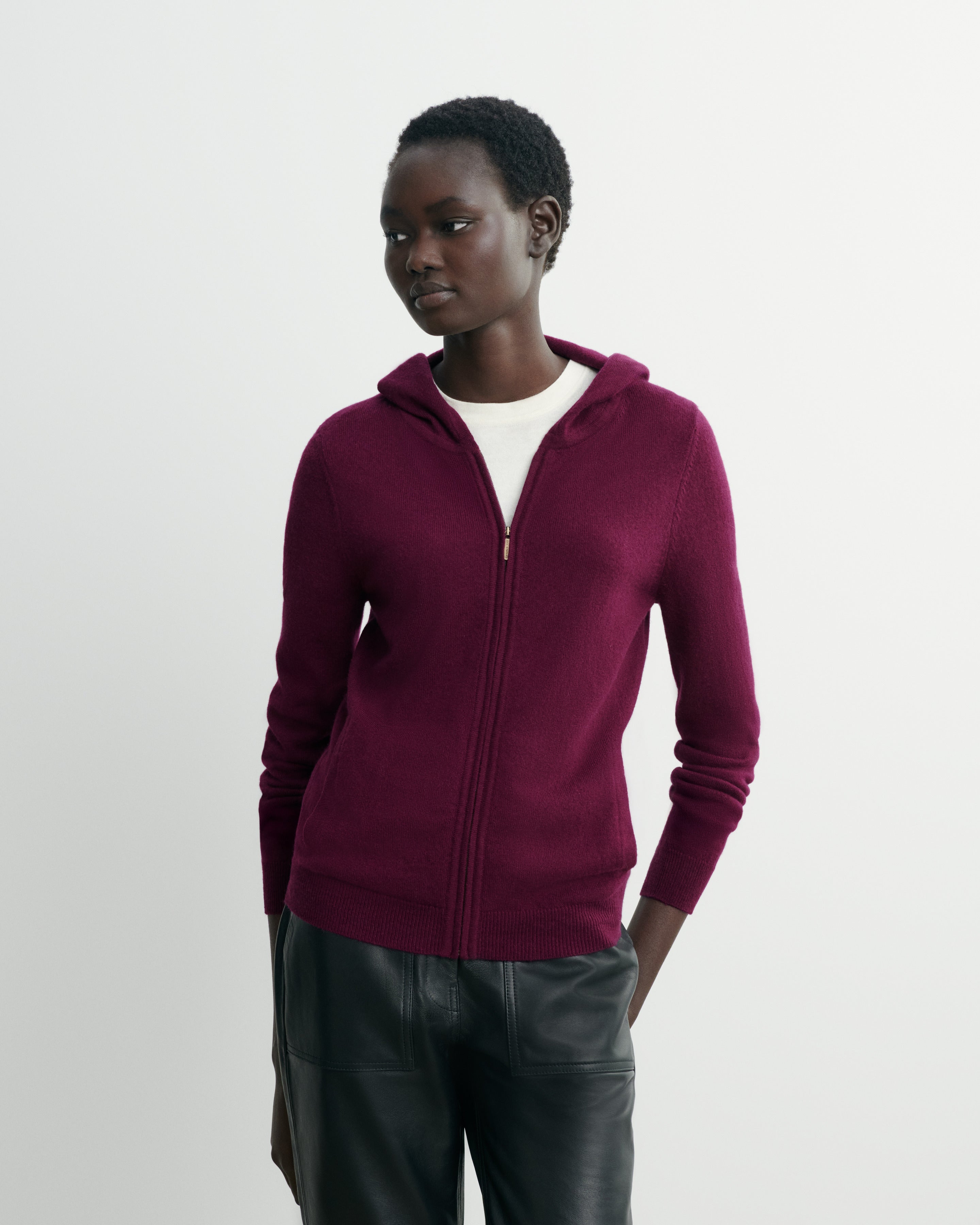 Pull à capuche zippé-PRUNE DAMAS-100% cachemire