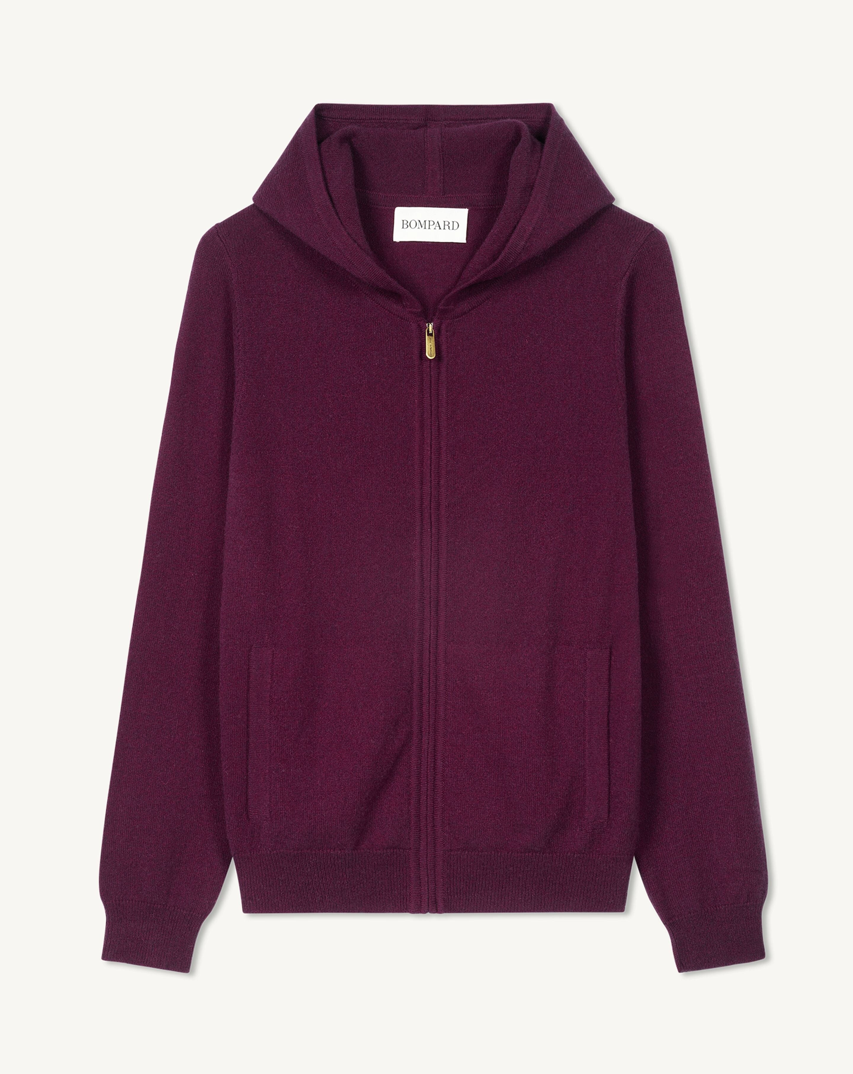 Pull à capuche zippé-PRUNE DAMAS-100% cachemire