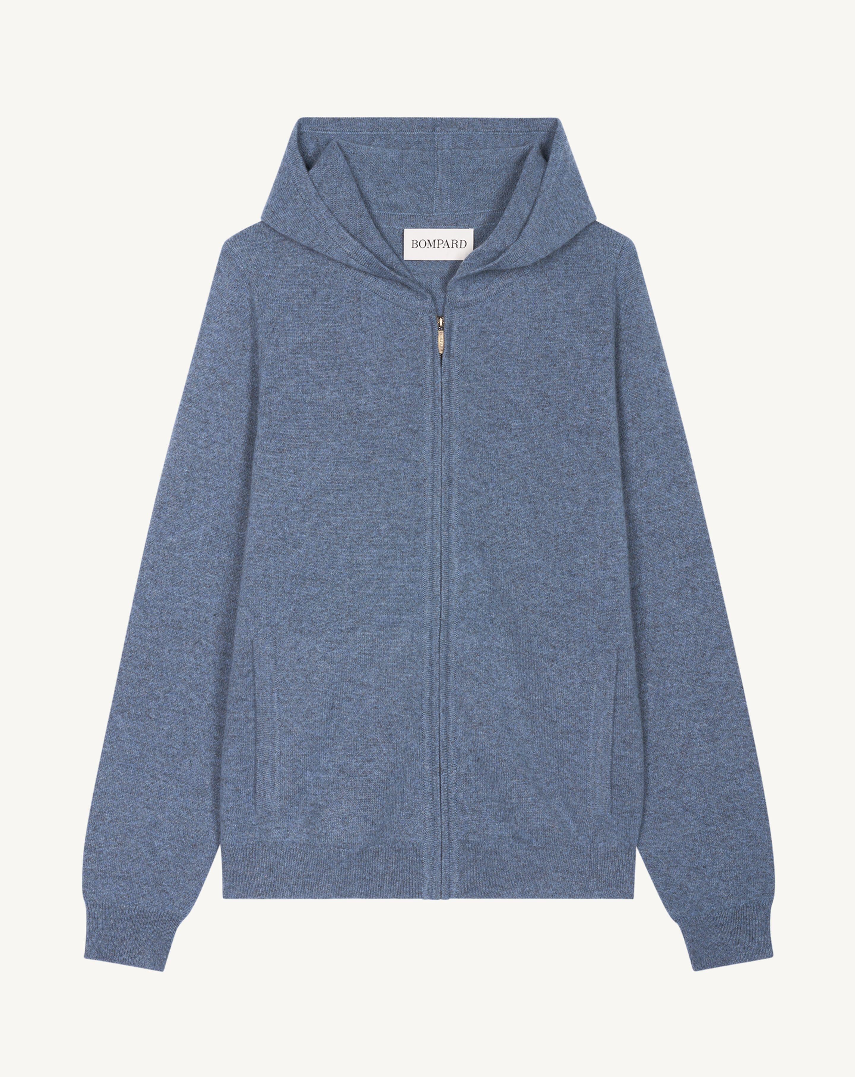 Pull à capuche zippé-BLEU AVERSE-100% cachemire