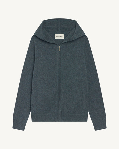 Pull à capuche zippé-BLEU GRANIT-100% cachemire