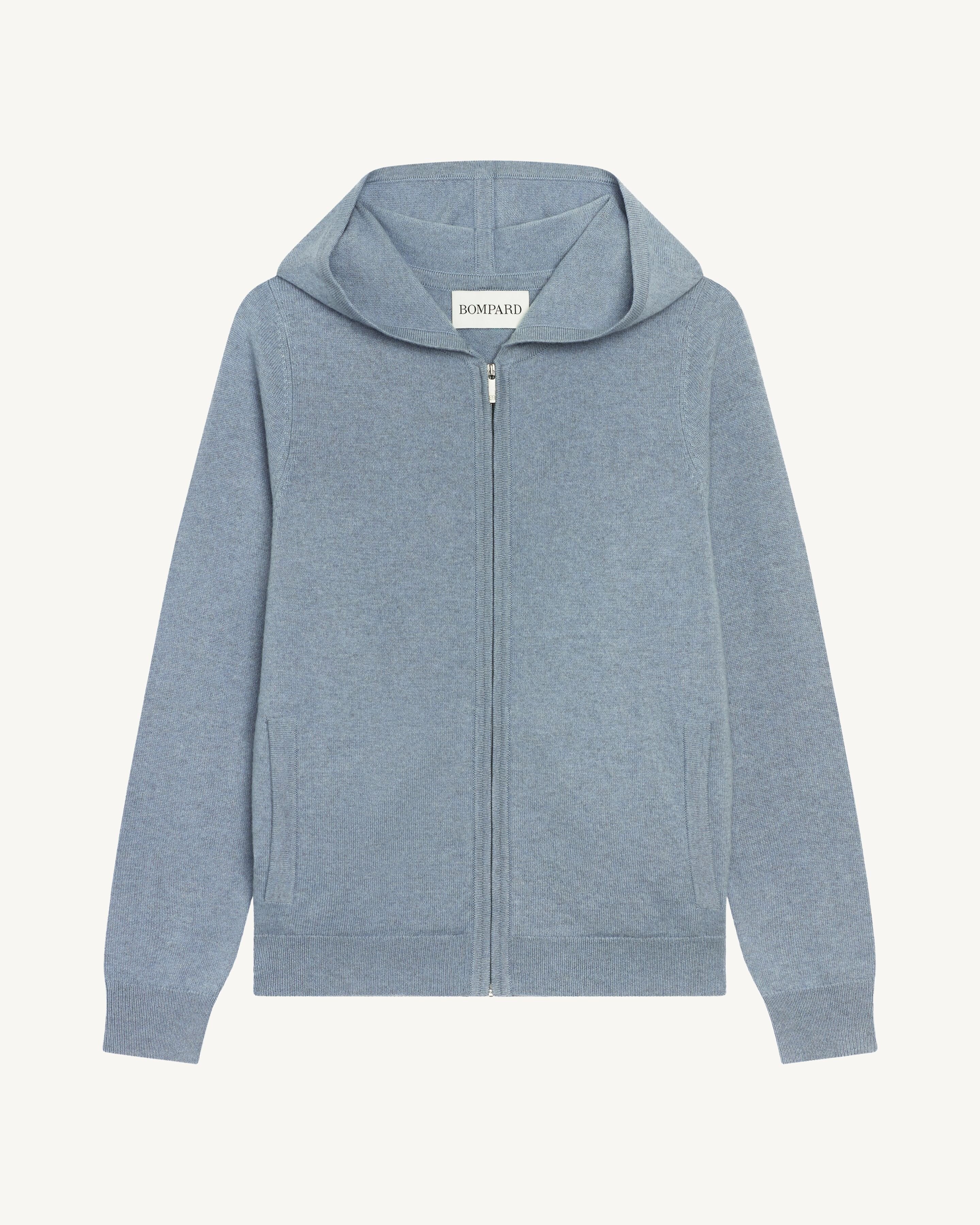 Pull à capuche zippé-BLEU GLACIER-100% cachemire