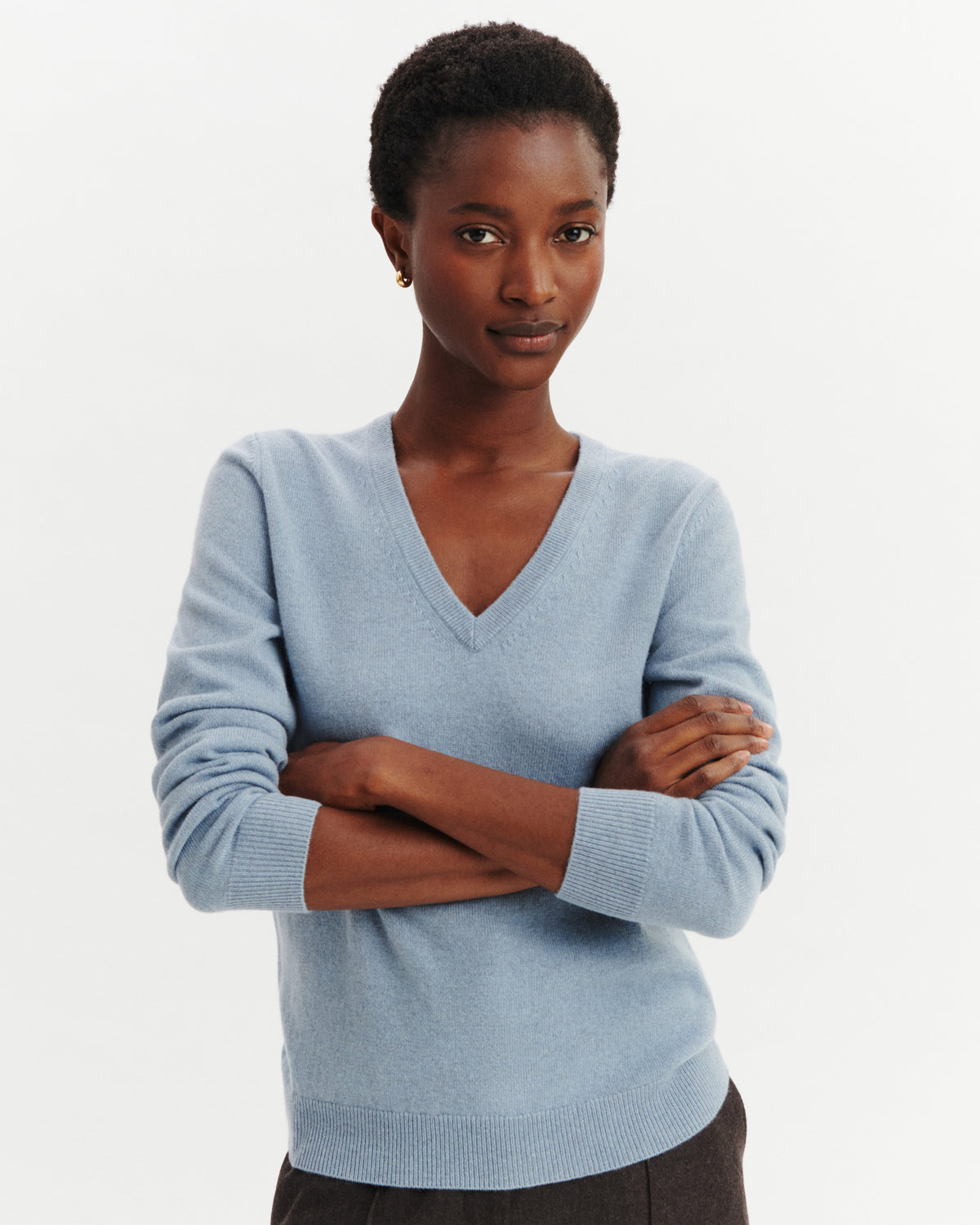 Pull col V Origines-BLEU GLACIER-100% cachemire