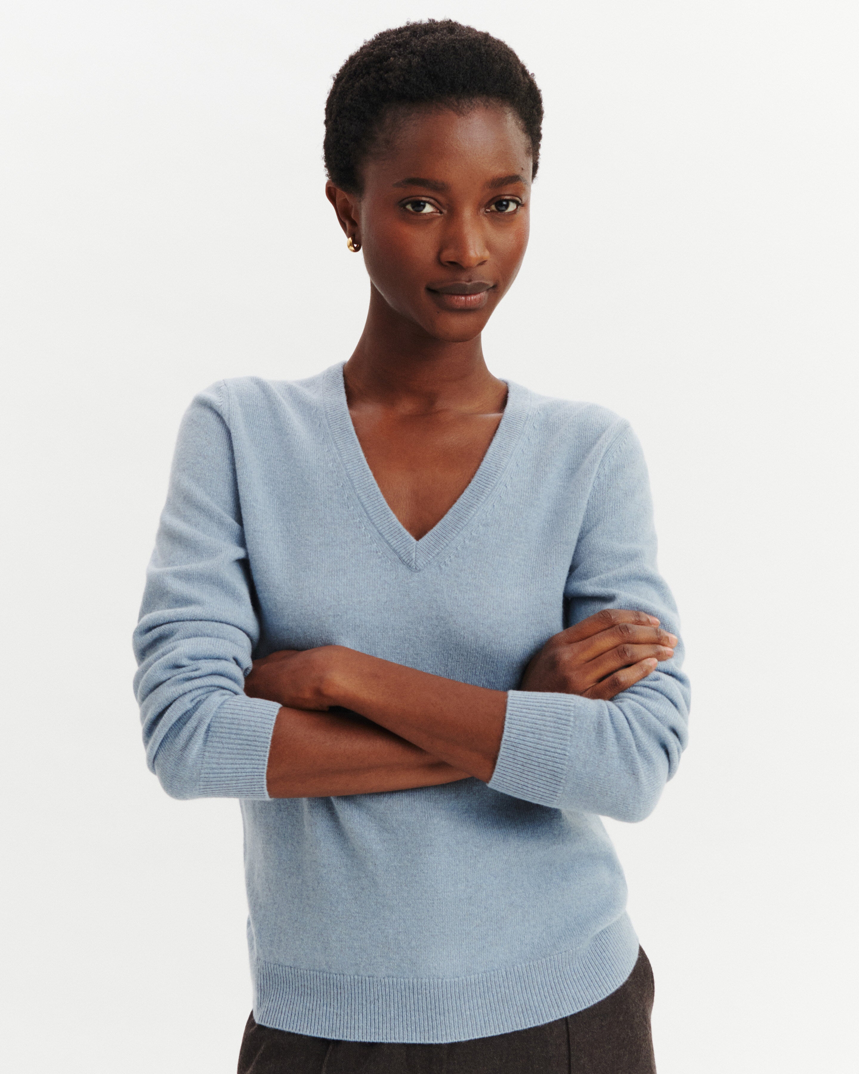 Pull col V Origines-BLEU GLACIER-100% cachemire
