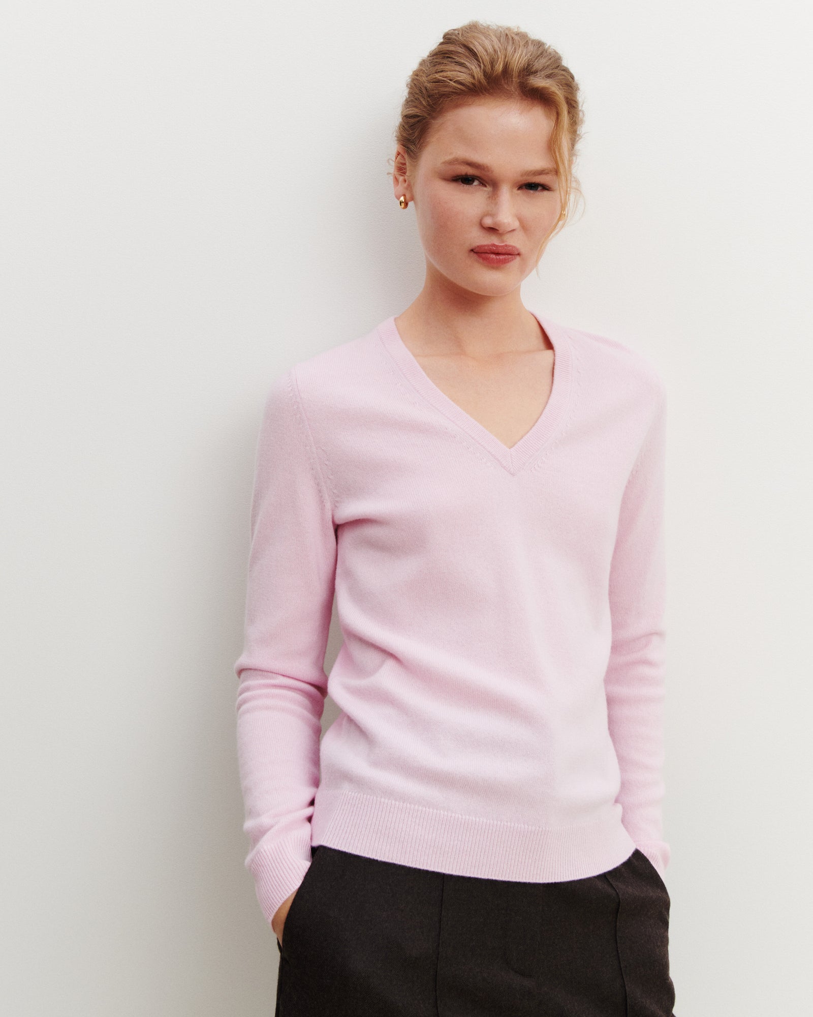 Pull col V Origines-ROSE QUARTZ-100% cachemire