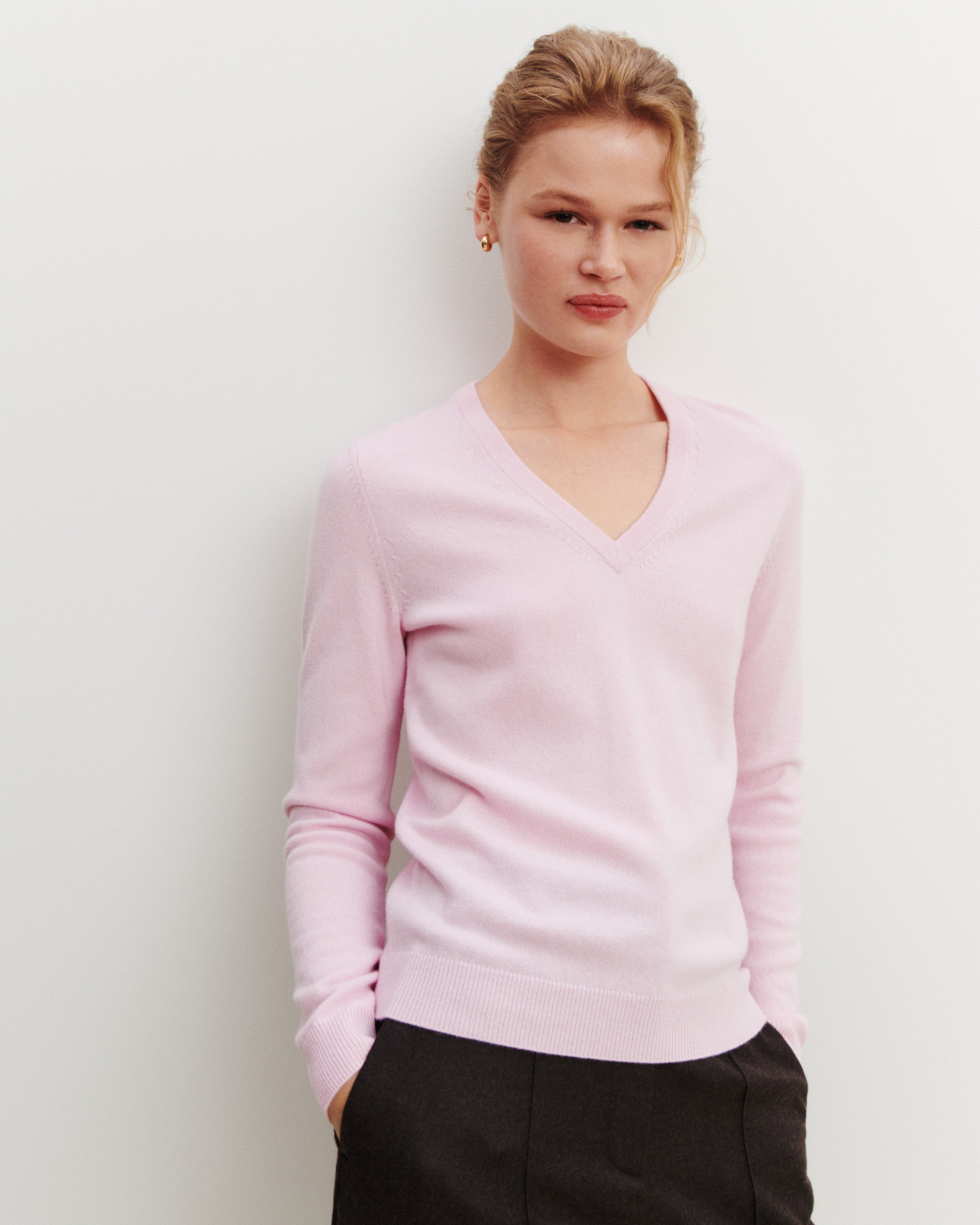 Pull col V Origines-ROSE QUARTZ-100% cachemire