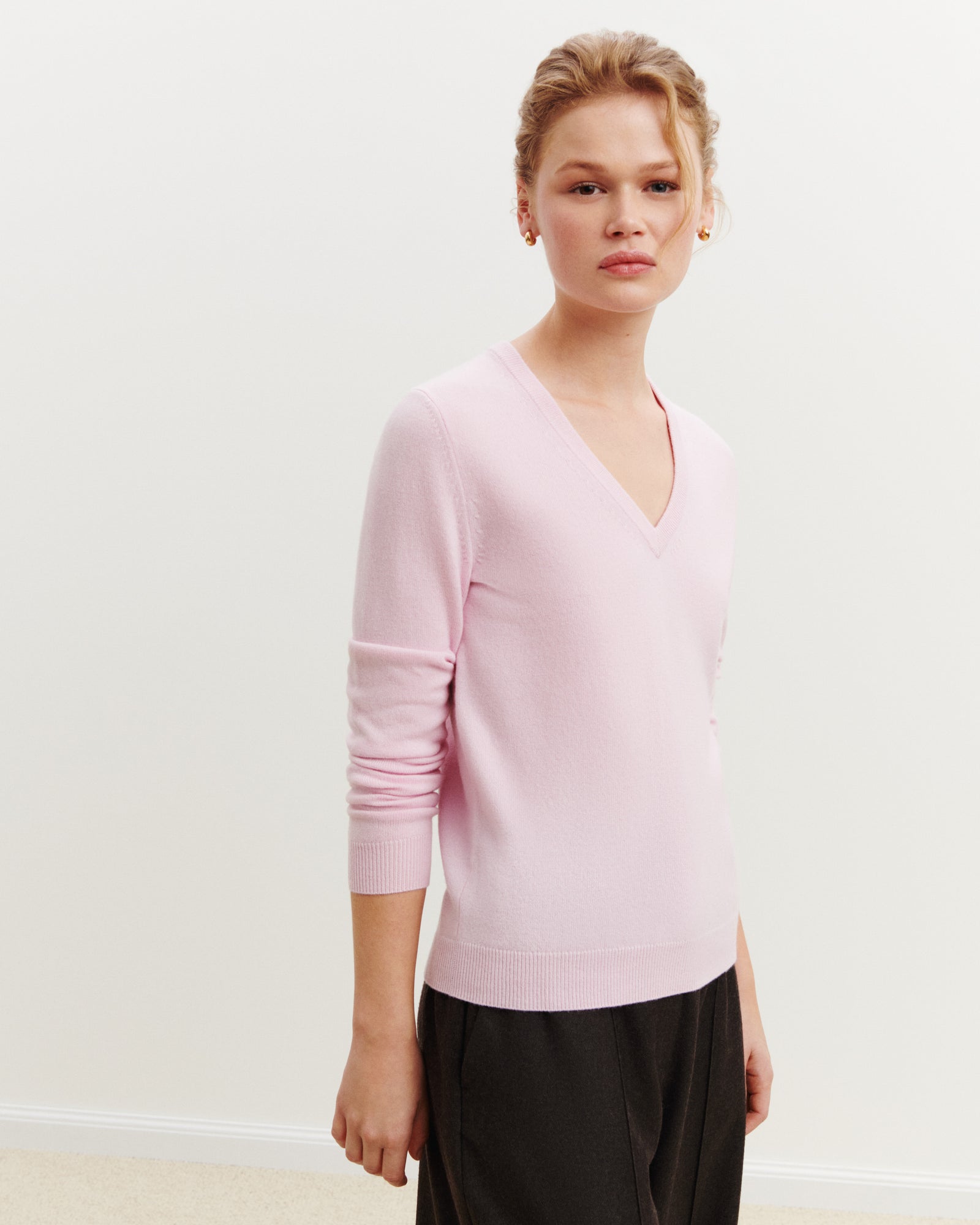 Pull col V Origines-ROSE QUARTZ-100% cachemire