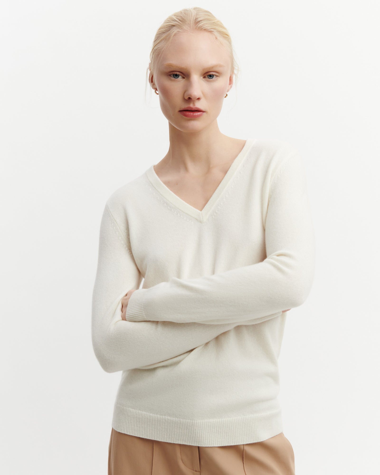 Pull col V classique-NATUREL-100% cachemire