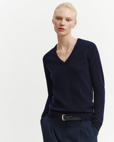 Pull col V classique-MARINE-100% cachemire