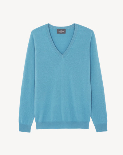 Pull col V classique-BLEU HERON-100% cachemire