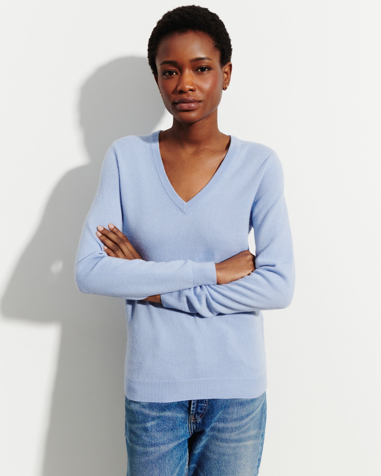 Pull col V classique-BLEU AGATE-100% cachemire