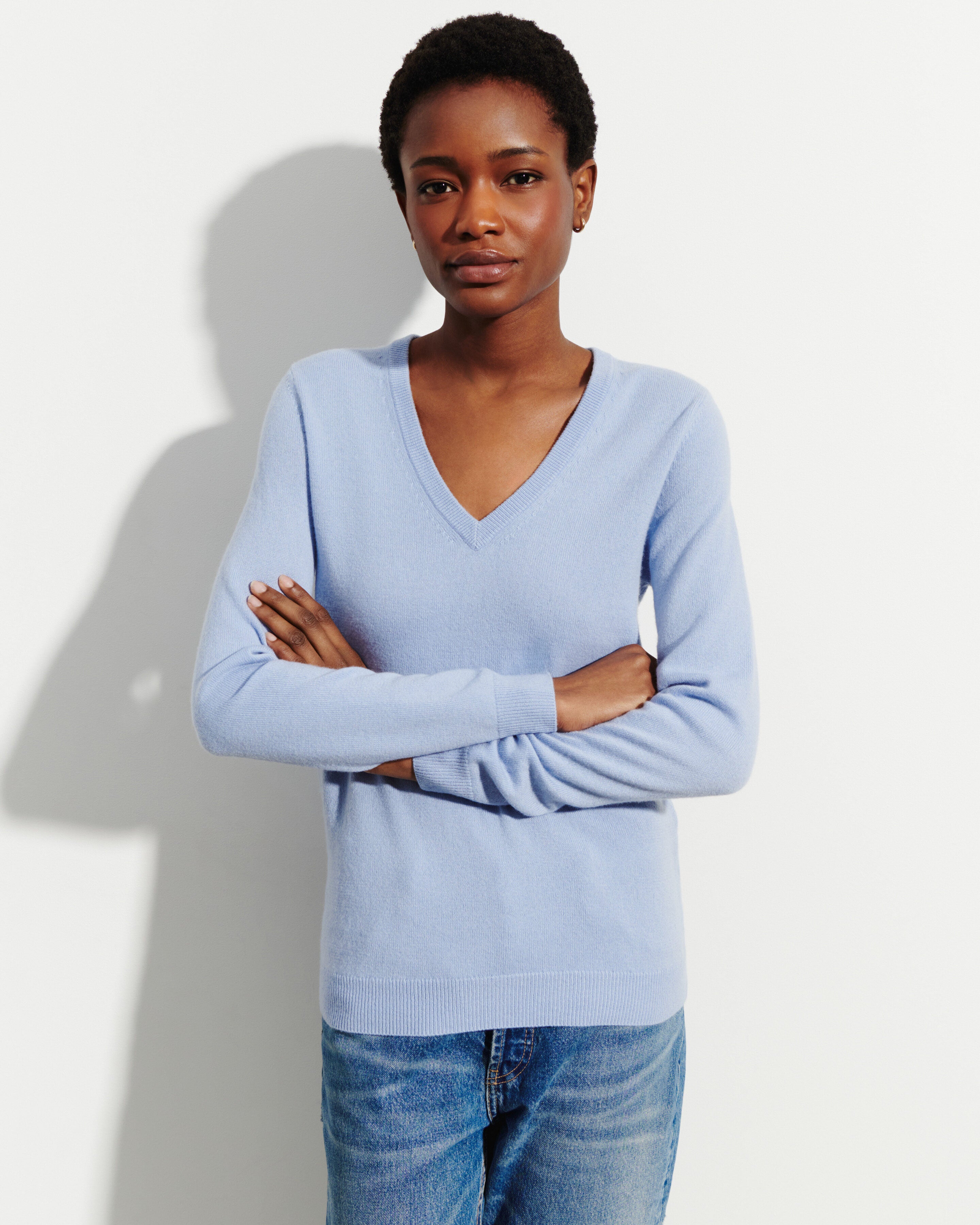 Pull col V classique-BLEU AGATE-100% cachemire