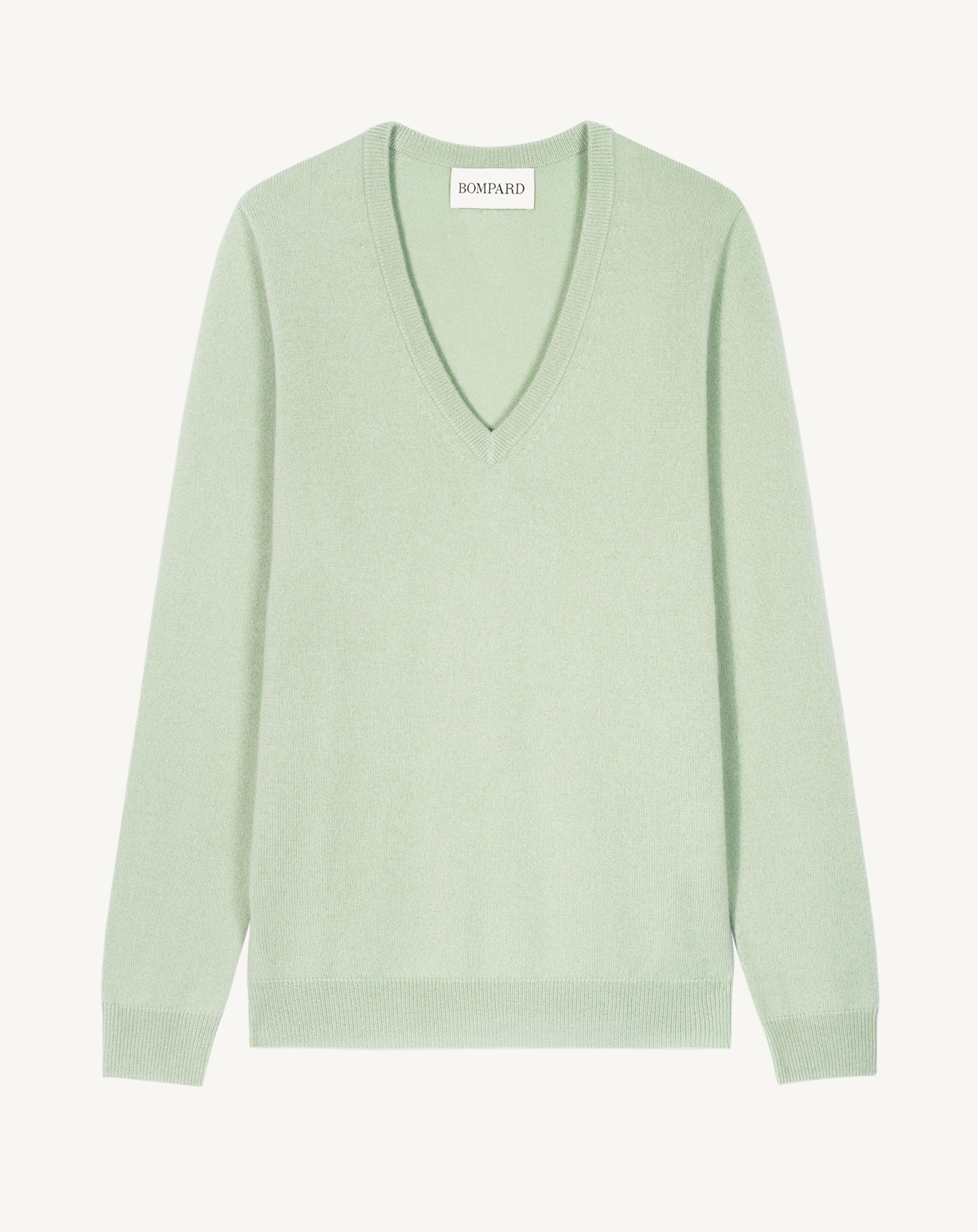 Pull col V classique-VERT AMANDE-100% cachemire