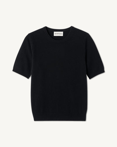 Col rond manches courtes-NOIR-100% cachemire