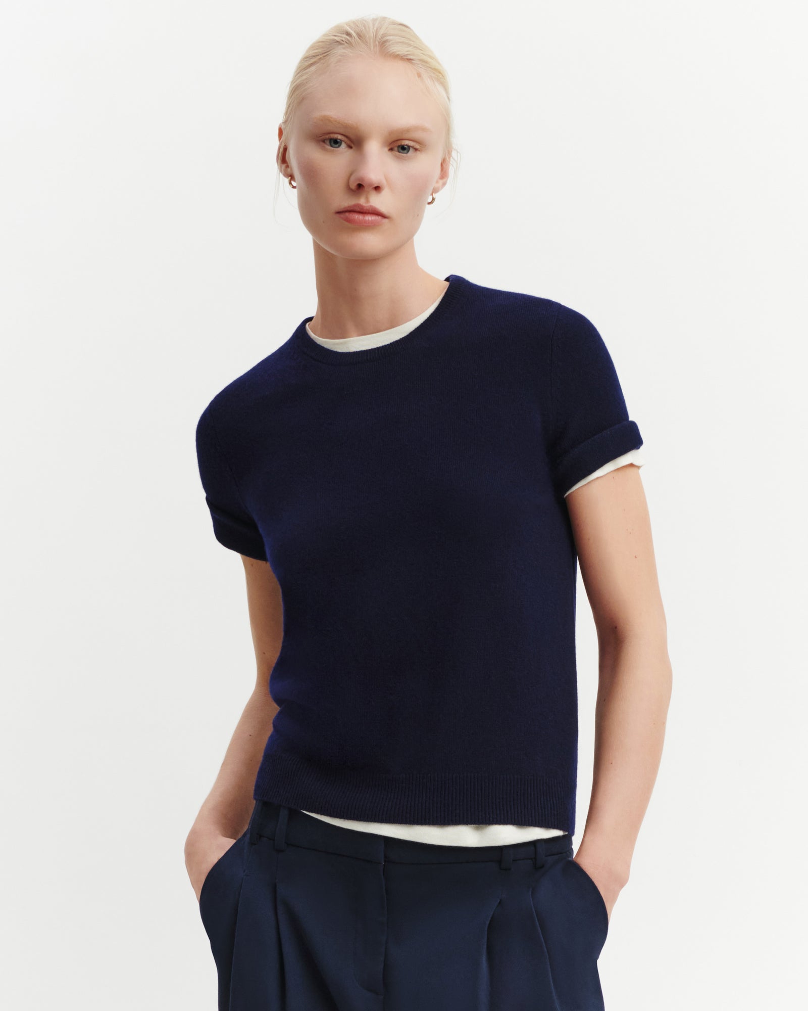 Pull col rond manches courtes-MARINE-100% CACHEMIRE