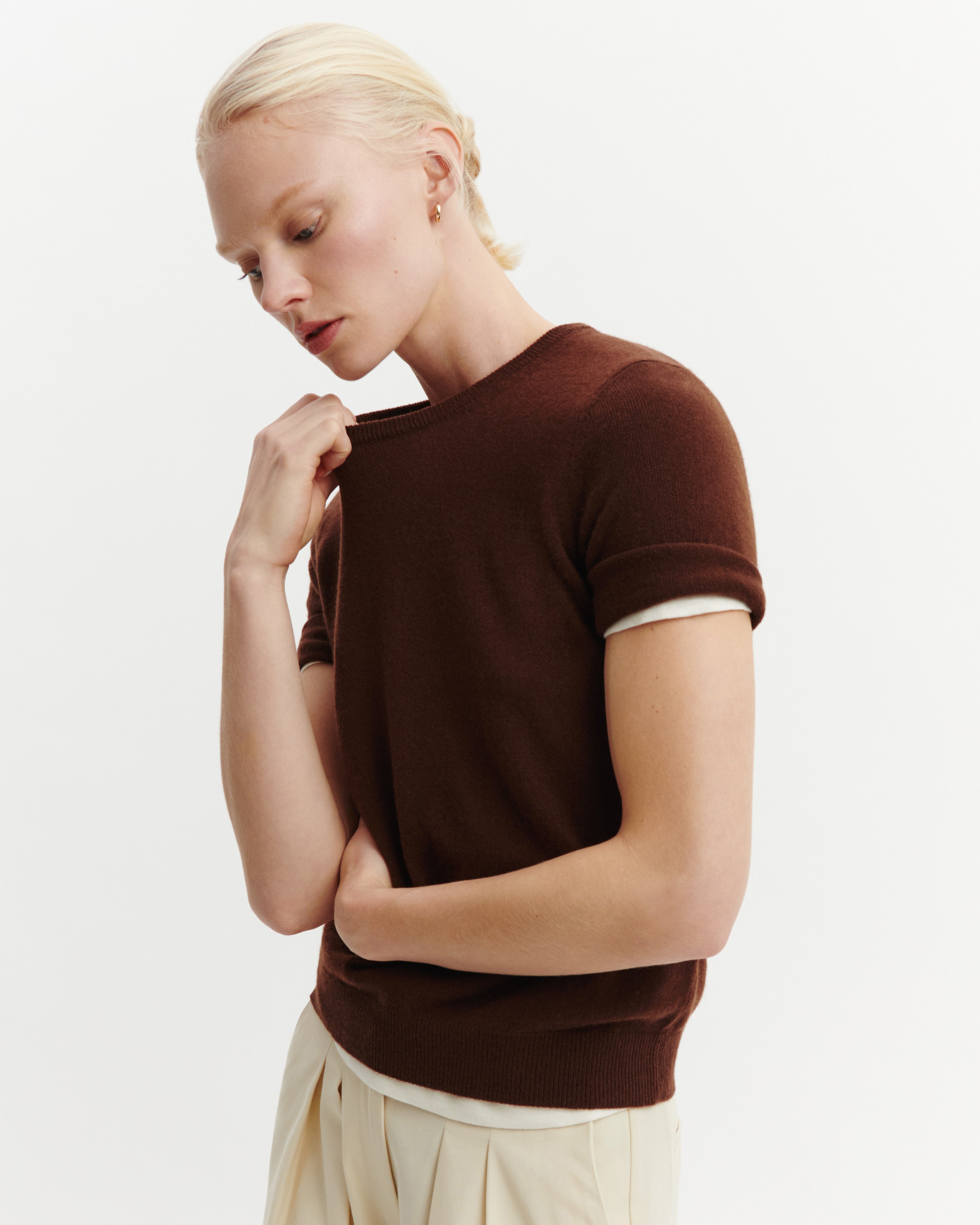 Col rond manches courtes-CAFE-100% cachemire