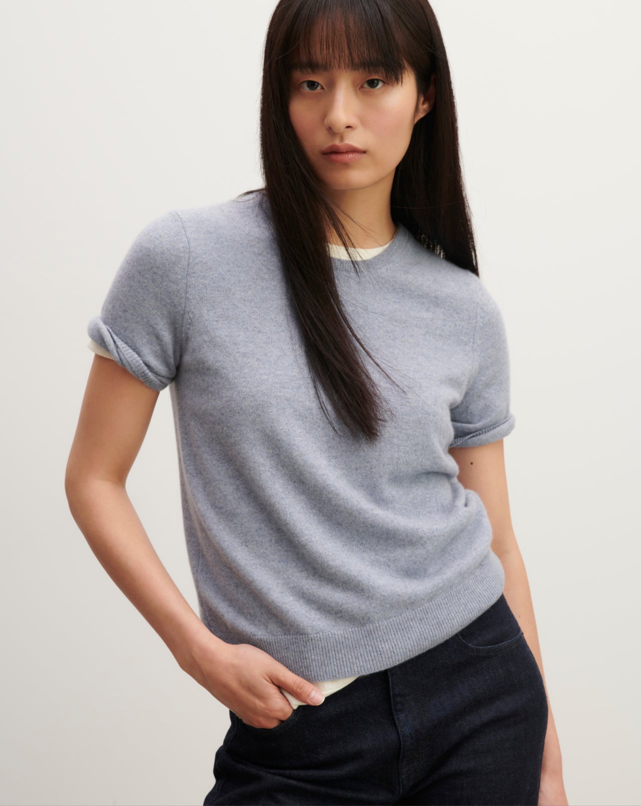 Col rond manches courtes-BLEU MONTAGNE-100% cachemire