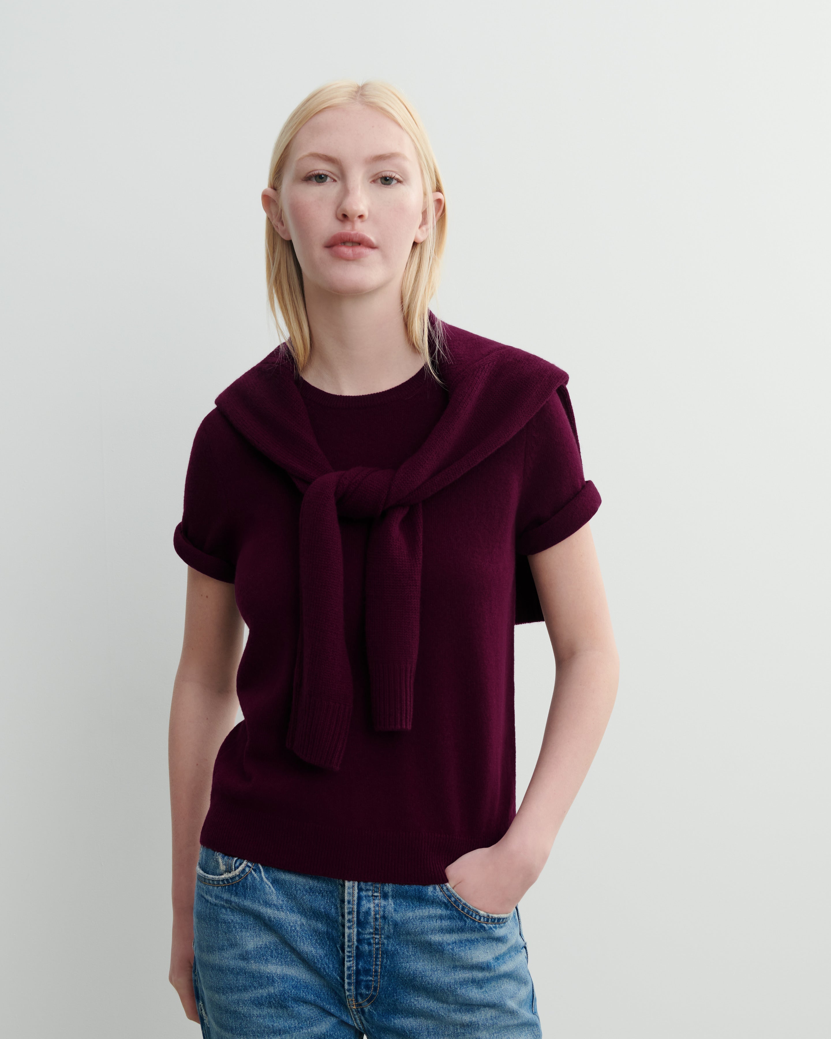 Col rond manches courtes-PRUNE DAMAS-100% cachemire