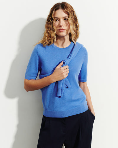 Col rond manches courtes-BLEU ALTHEA-100% cachemire