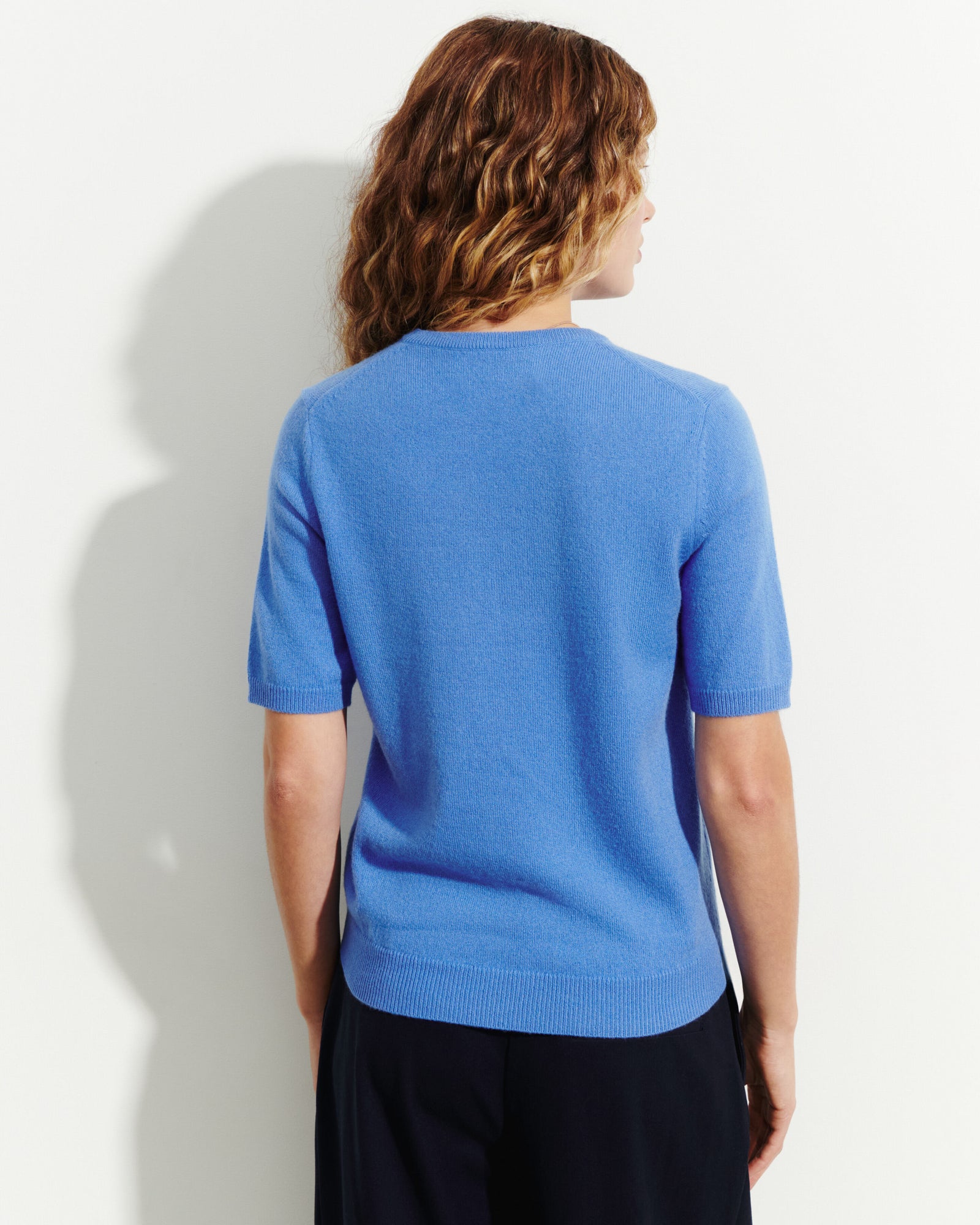 Col rond manches courtes-BLEU ALTHEA-100% cachemire