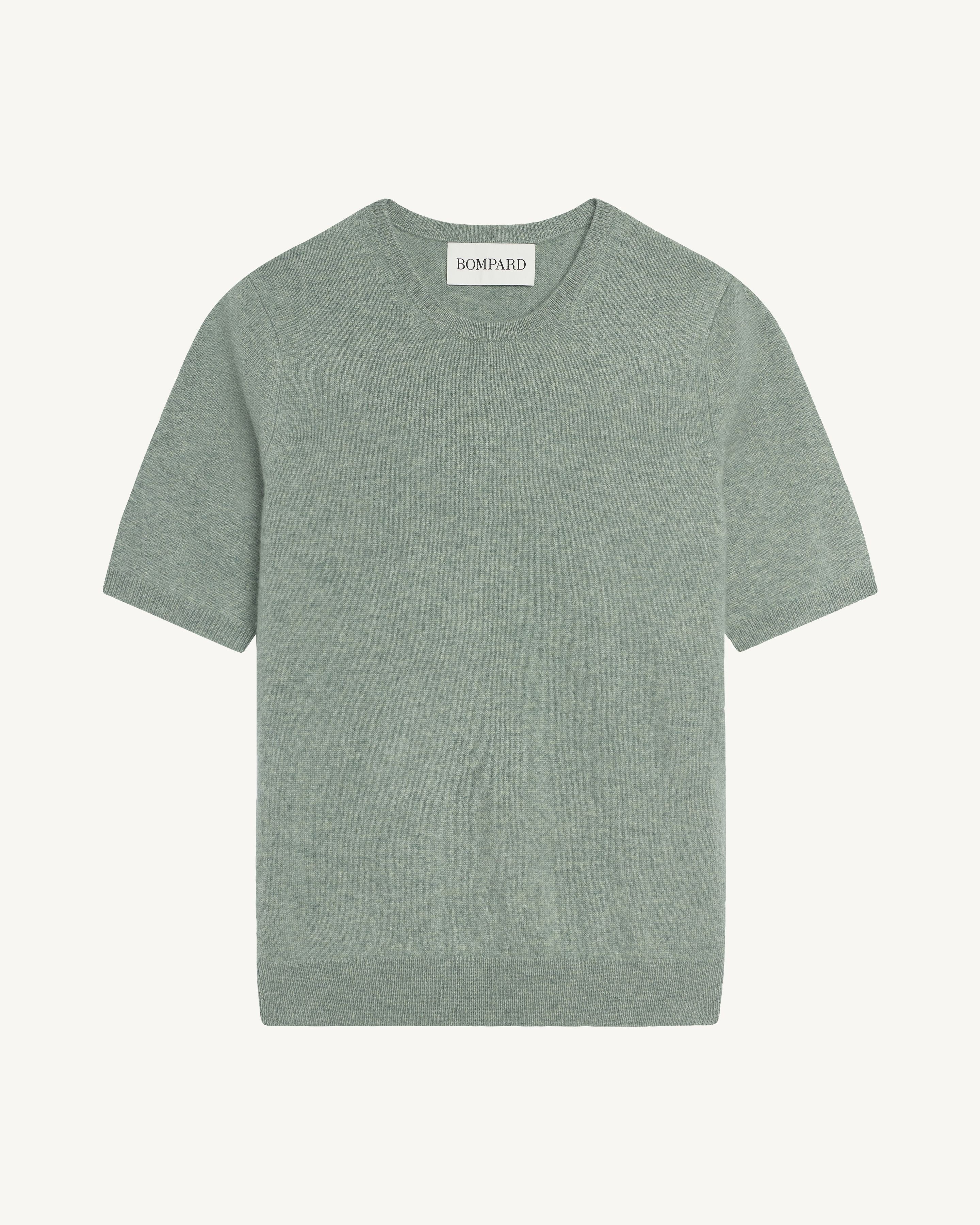 Col rond manches courtes-VERT DE GRIS-100% cachemire